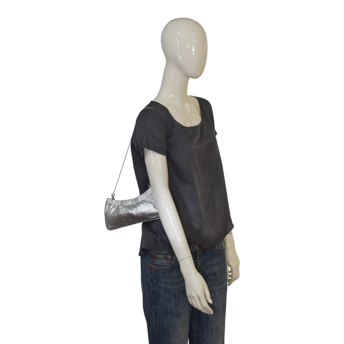 Miu Miu Metallic Silver Ruched Leather Clutch Shoulder Bag with Chain - 2