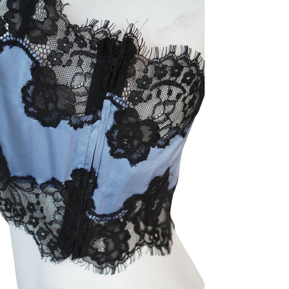 Fleur Du Mal Blue Silk Black Lace Cropped Tank Top - 18