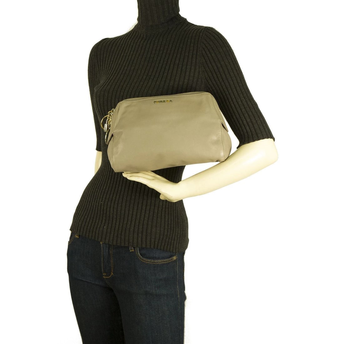 PAULE KA taupe leather with ring zipper pulls & padlock Clutch bag Handbag - 10