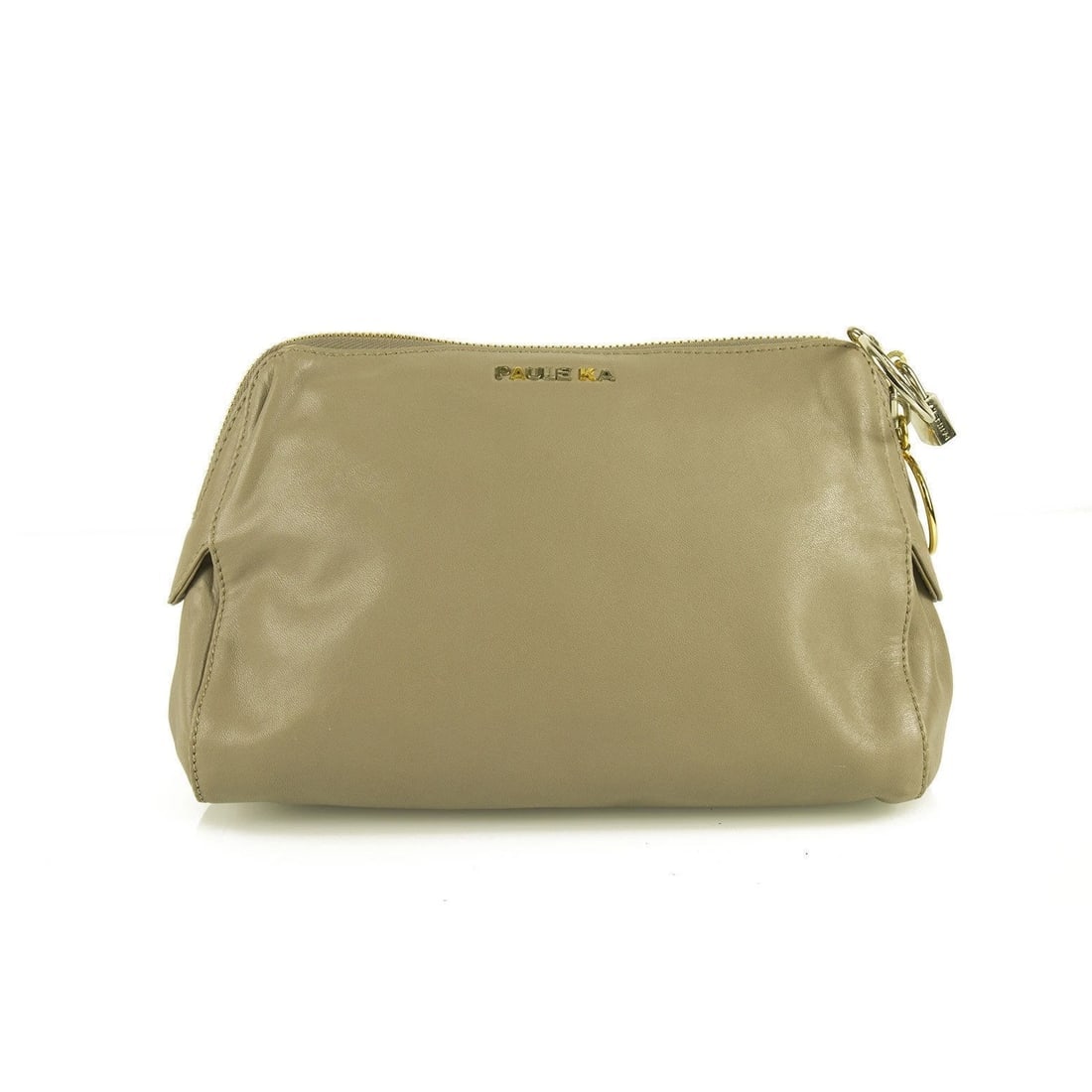 PAULE KA taupe leather with ring zipper pulls & padlock Clutch bag Handbag: Title:PAULE KA taupe leather with ring zipper pulls & padlock Clutch bag HandbagDescription:PAULE KA taupe leather with ring zipper pulls & padlock Clutch bag Handbag This Paule Ka clutch bag is a