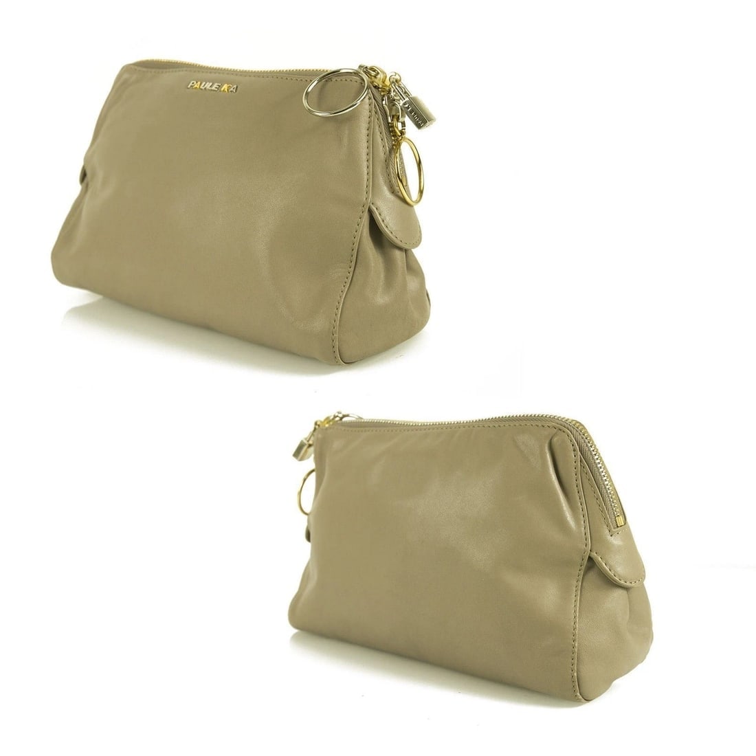 PAULE KA taupe leather with ring zipper pulls & padlock Clutch bag Handbag - 3