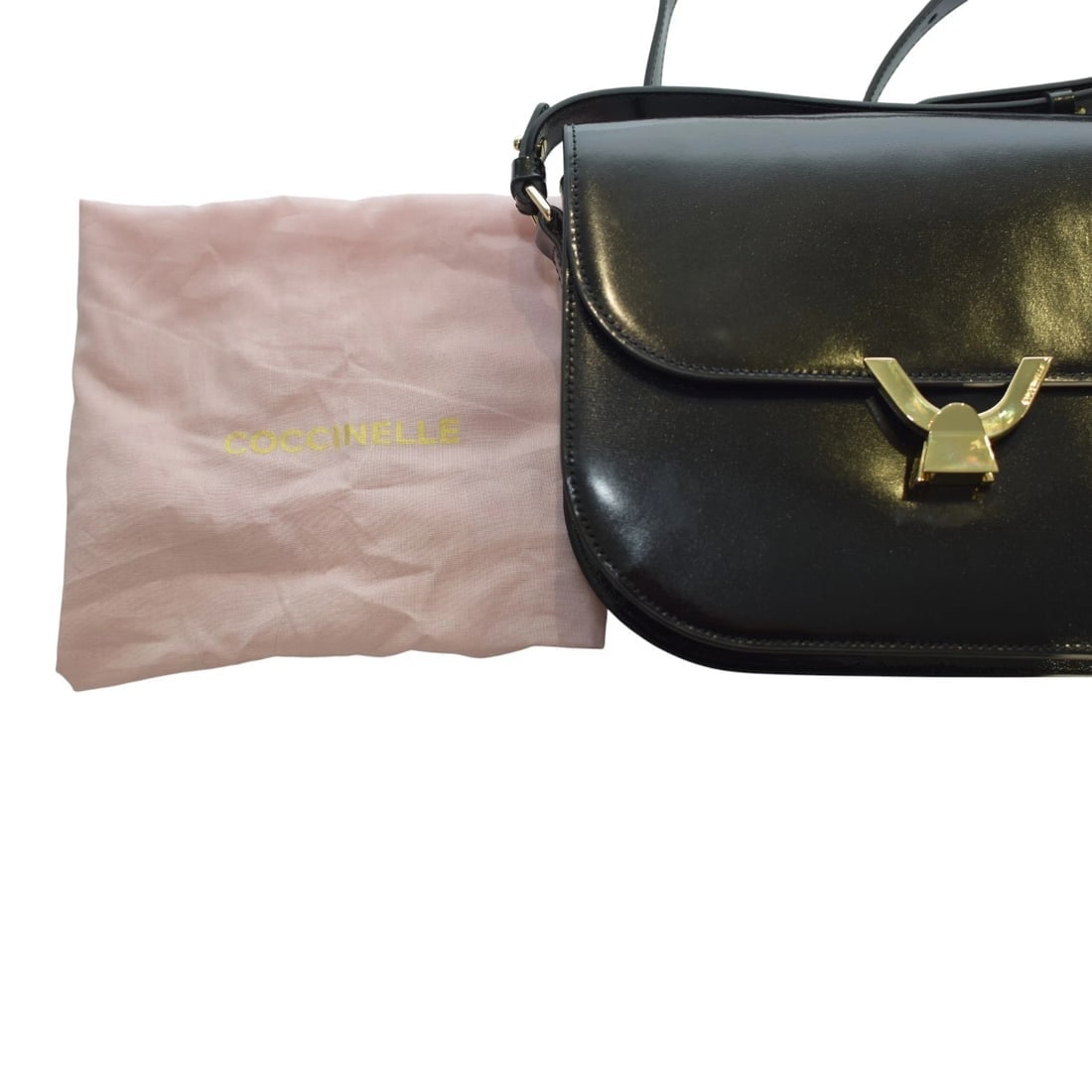COCCINELLE Black Shinny Leather Shoulder Crossbody Bag – Gold Hardware – Italian - 15