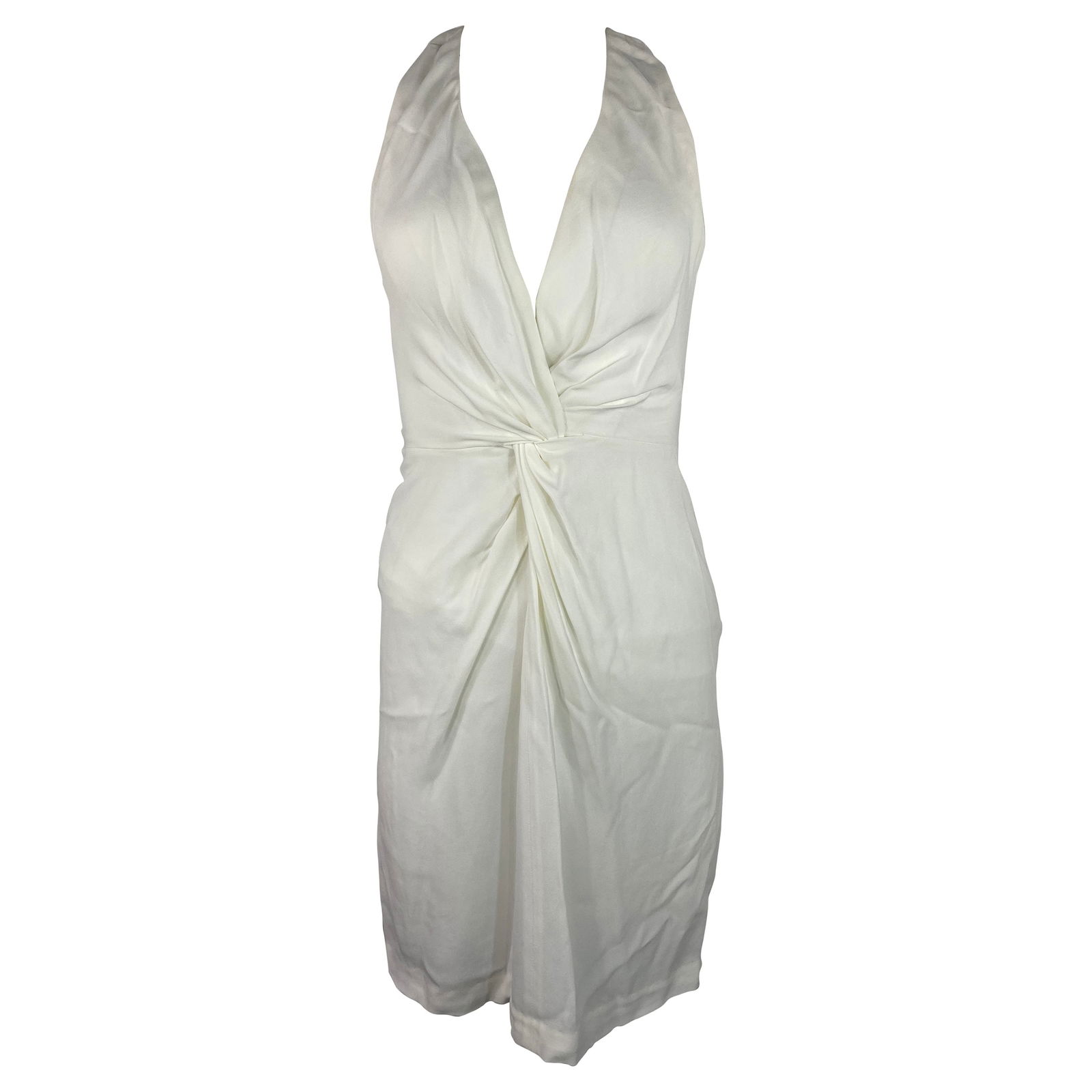 L'AGENCE White Mini Dress, Size 0: Product details: The dress features front twist motif, v neck line, sleeveless and mini length. 100% PUR AMOUR Made in USA With tags Reserve: $312.00 Shipping: Domestic: Flat-rate of $85.99