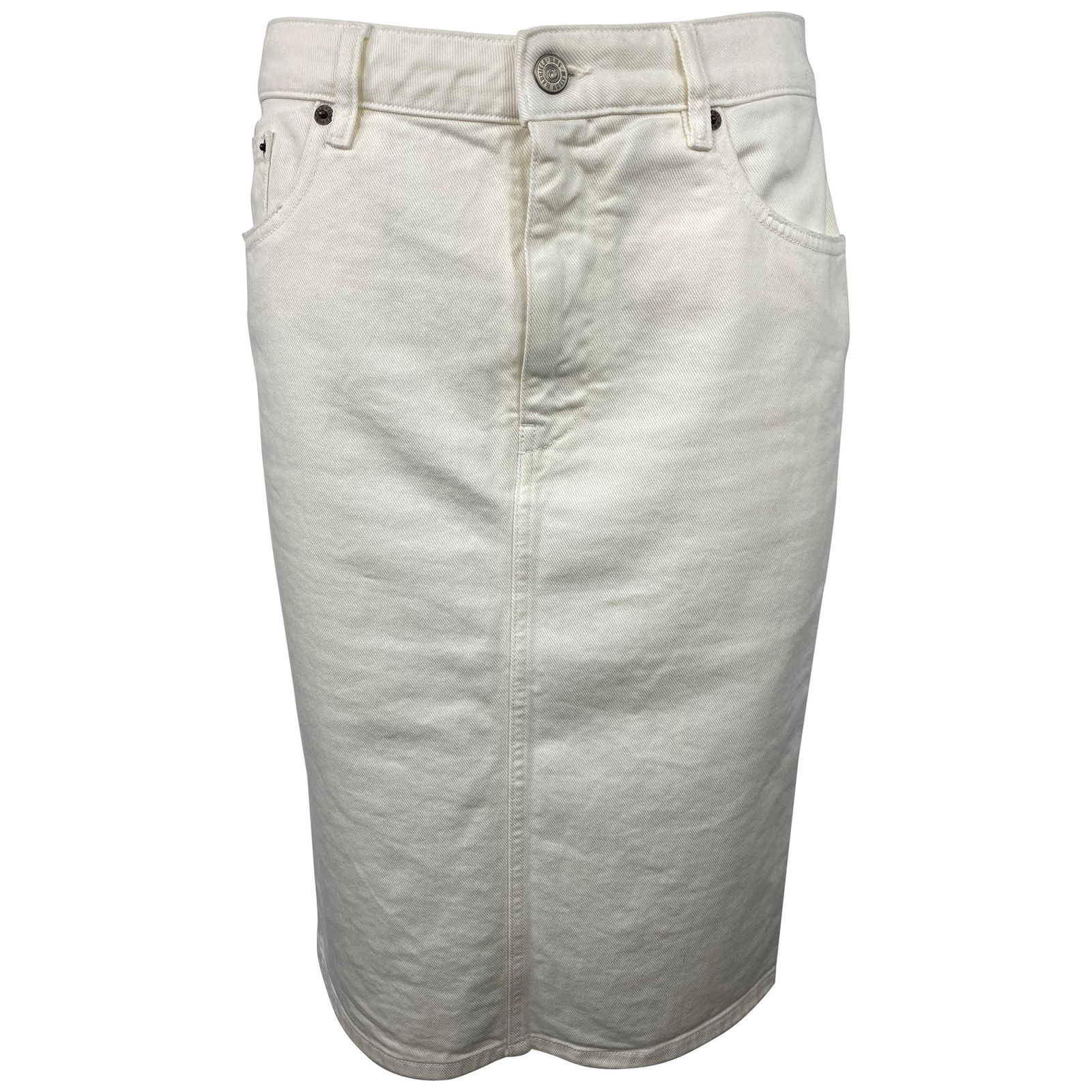 MM6 Maison Margiela White Denim Pencil Skirt, Size 42: Product details: Featuring white cotton denim pencil skirt, mid length with slit on the back and dial pockets on the front and back. Made in Italy. Reserve: $472.00 