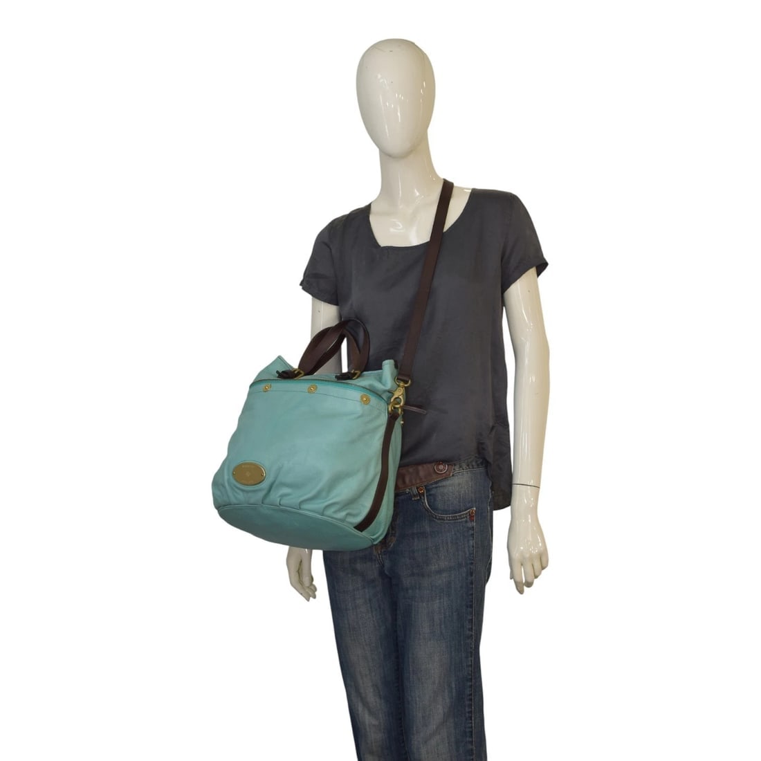 Mulberry Tillie Tote Bag Aqua Blue Leather with Brown Handles & detachable strap - 18
