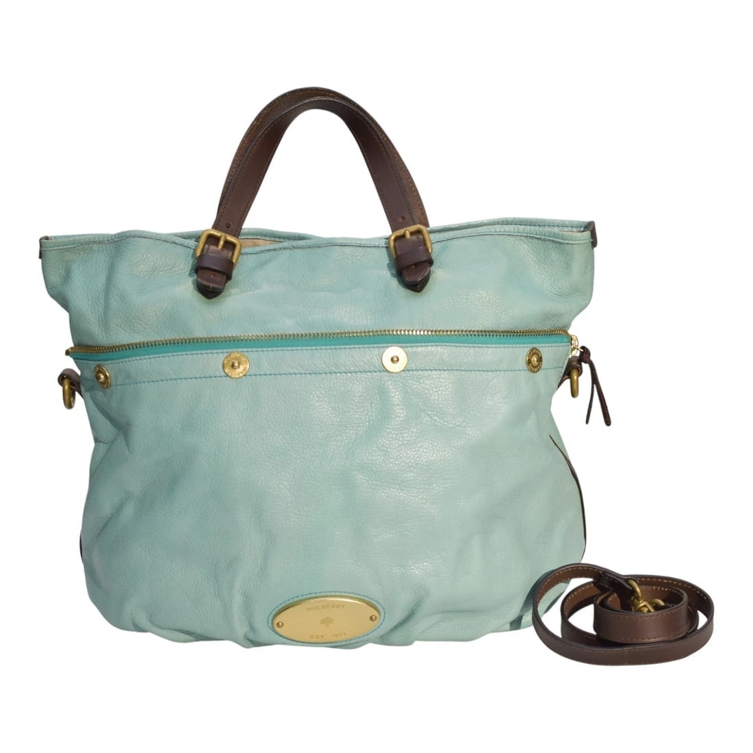 Mulberry Tillie Tote Bag Aqua Blue Leather with Brown Handles & detachable strap (1 of 18)