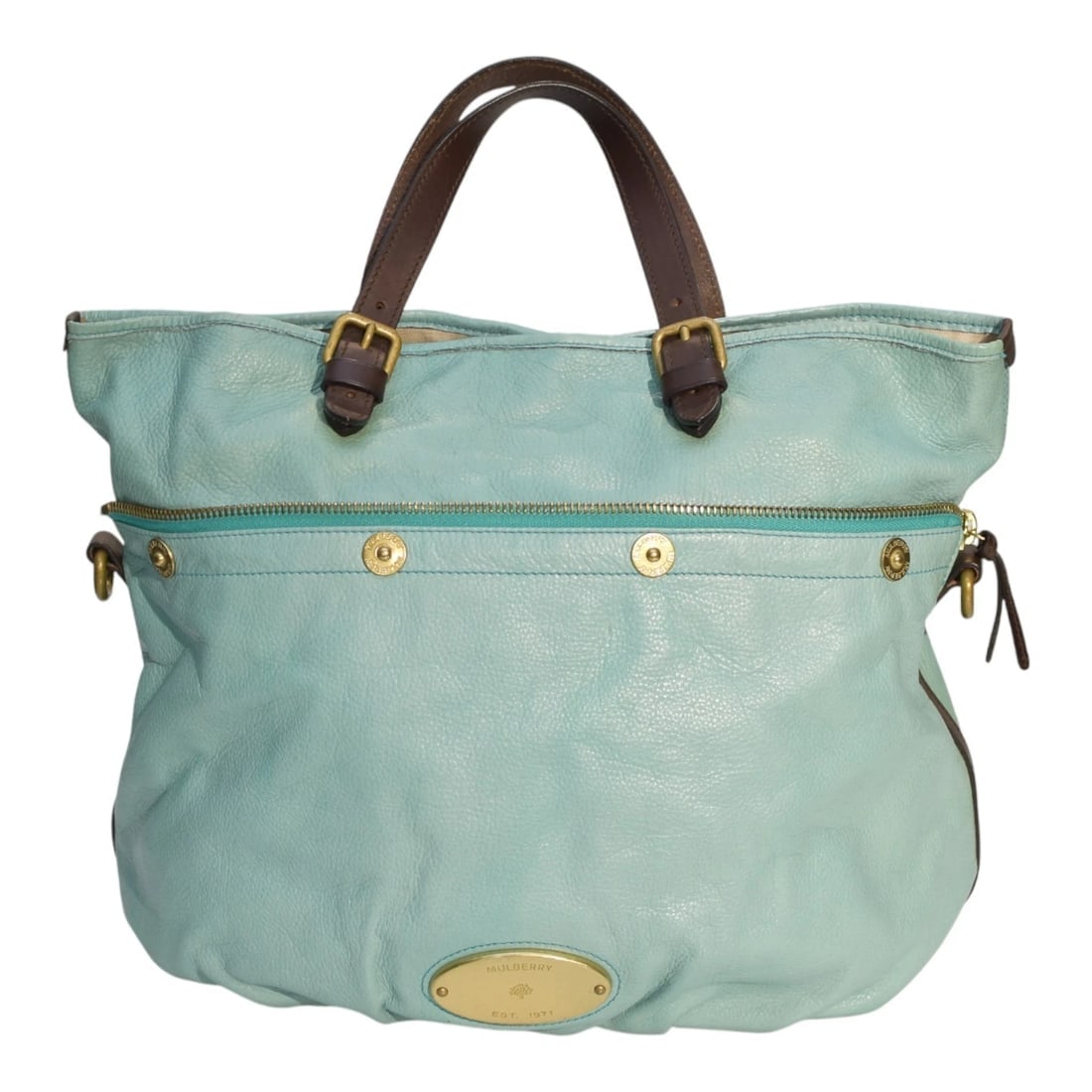 Mulberry Tillie Tote Bag Aqua Blue Leather with Brown Handles & detachable strap - 2