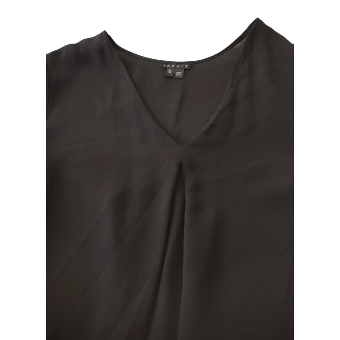 Theory Black Minimal Long Sleeve Women’s Silk Blouse Top V‑Neck Pleated Size M - 5