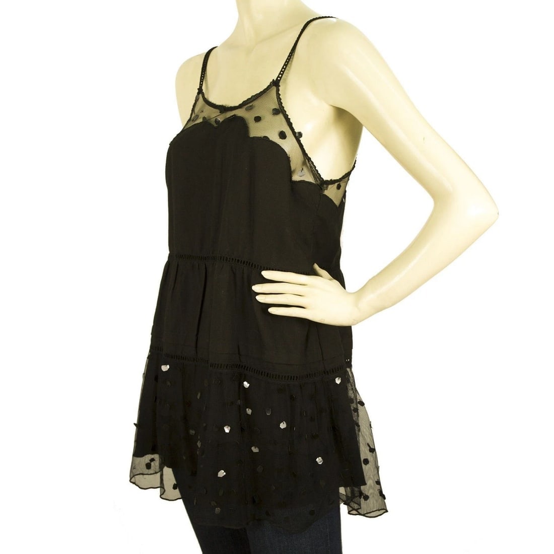 See by Chloe Black Long Cami Top Blouse with Tulle Spghetti Straps size 44 - 3