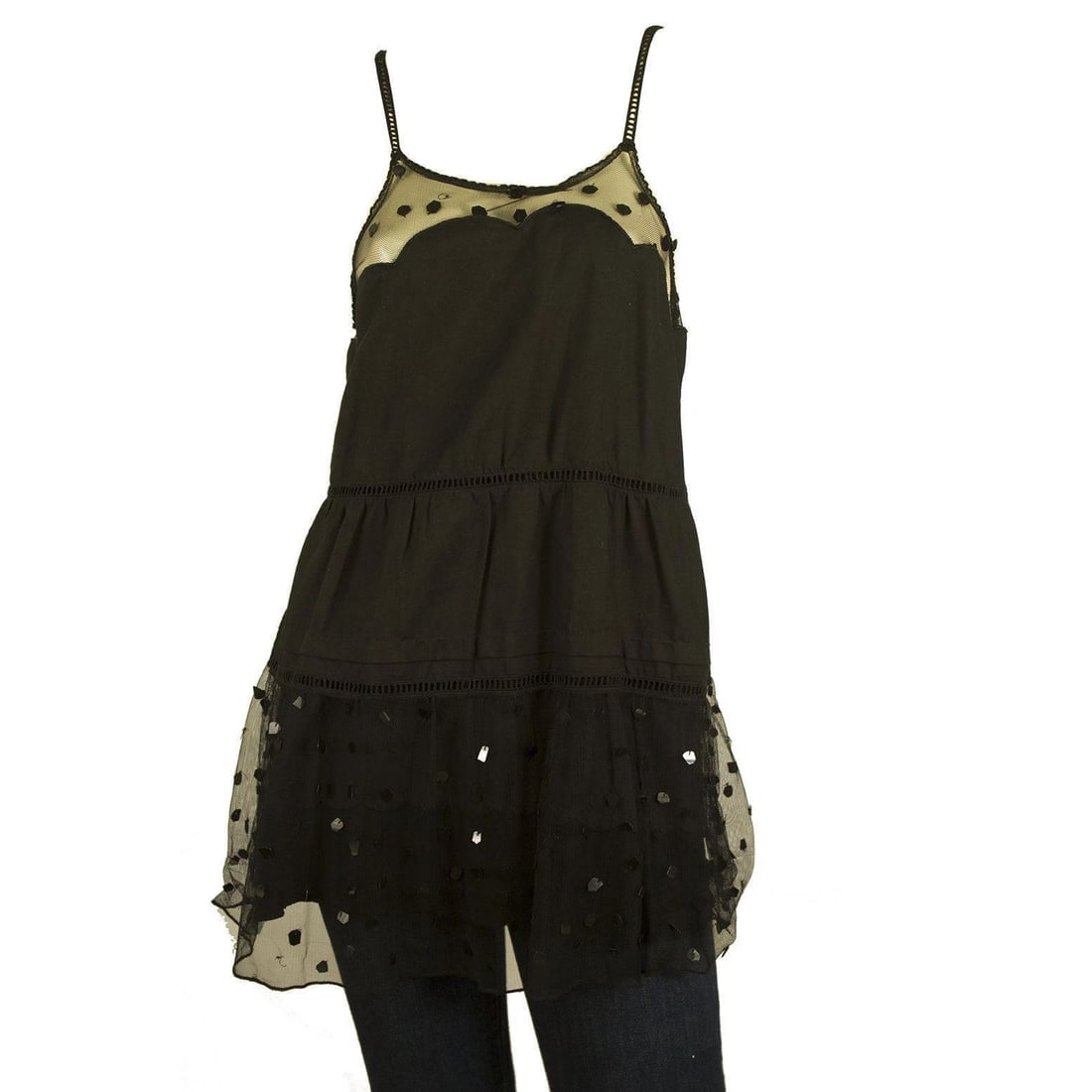 See by Chloe Black Long Cami Top Blouse with Tulle Spghetti Straps size 44 - 6