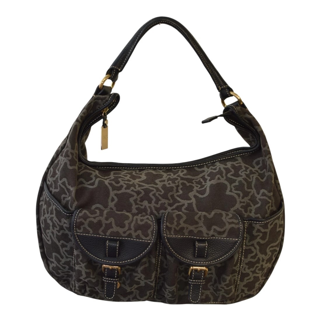 TOUS Kaos Print Denim Canvas & Black Leather Trim Large Hobo Shoulder Bag: Title:TOUS Kaos Print Denim Canvas & Black Leather Trim Large Hobo Shoulder BagDescription:TOUS Kaos Print Denim Canvas & Black Leather Trim Large Hobo Shoulder Bag Stylish and modern, this Tous Bag
