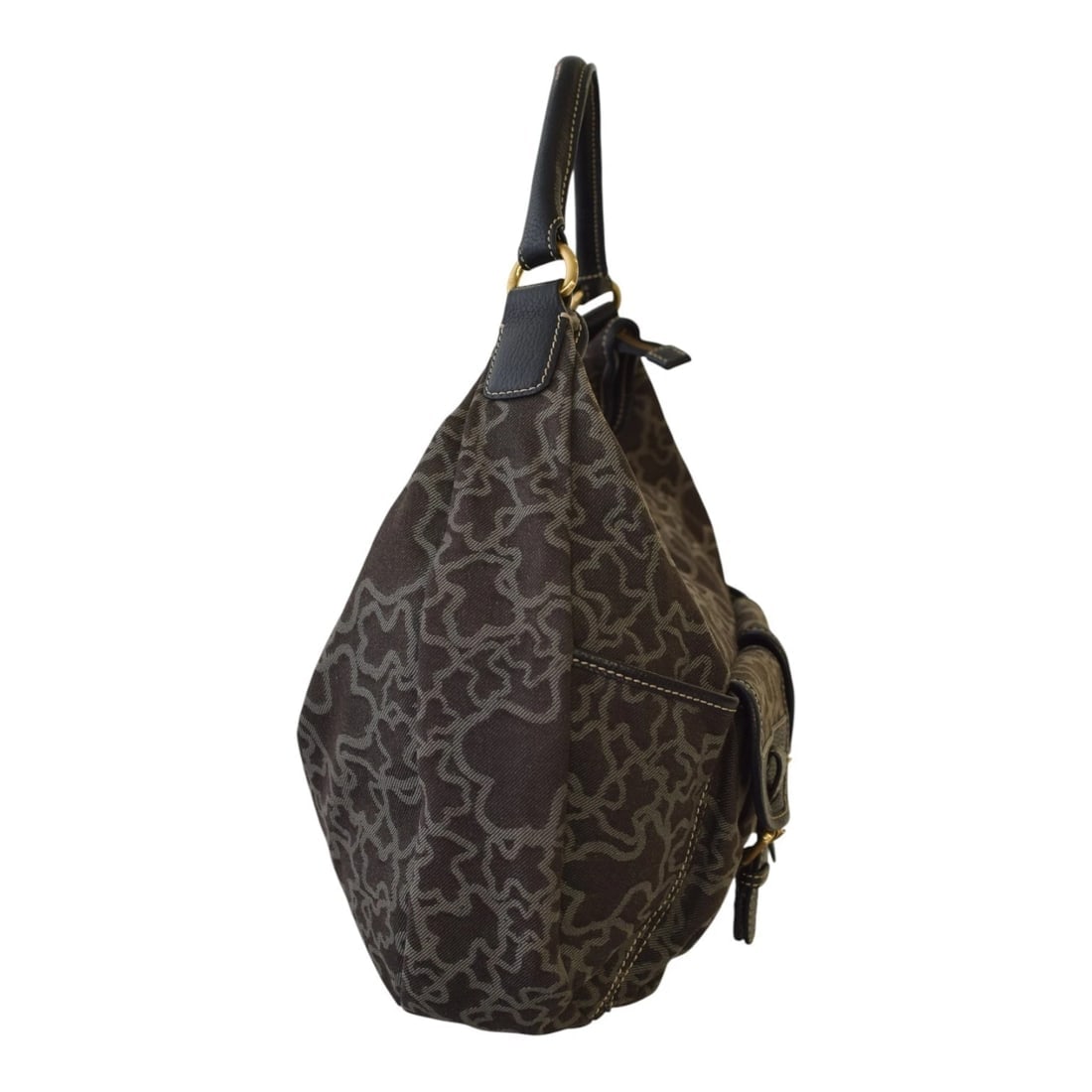 TOUS Kaos Print Denim Canvas & Black Leather Trim Large Hobo Shoulder Bag - 3