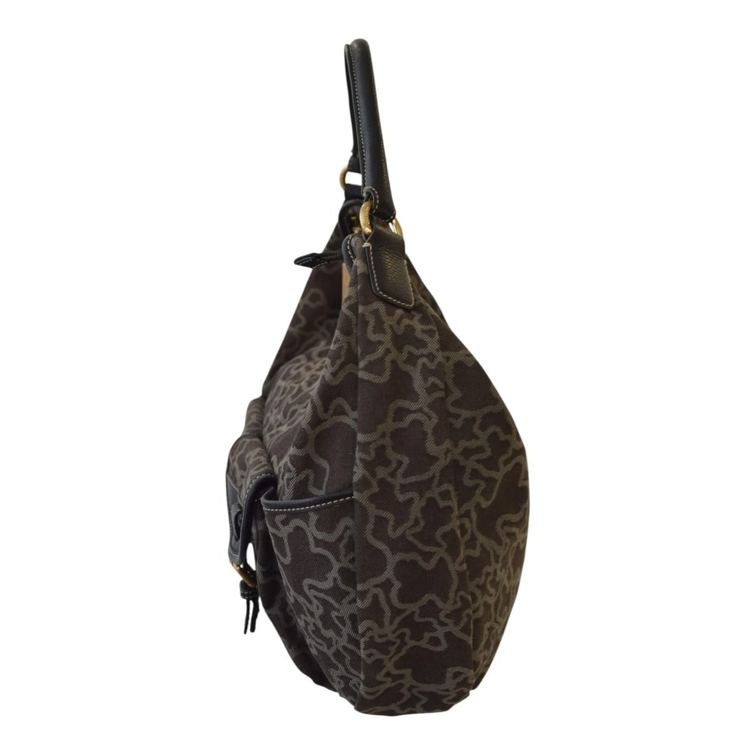 TOUS Kaos Print Denim Canvas & Black Leather Trim Large Hobo Shoulder Bag - 4