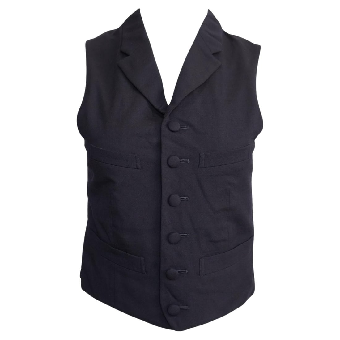 Comme des Garçons Homme Plus Navy Vest: Comme des Garçons Homme Plus Navy Vest L: 21” B:32” W: 30” Size Small Navy vest with black back panel 4 faux front pockets 6 button closure excellent condition Reserve: