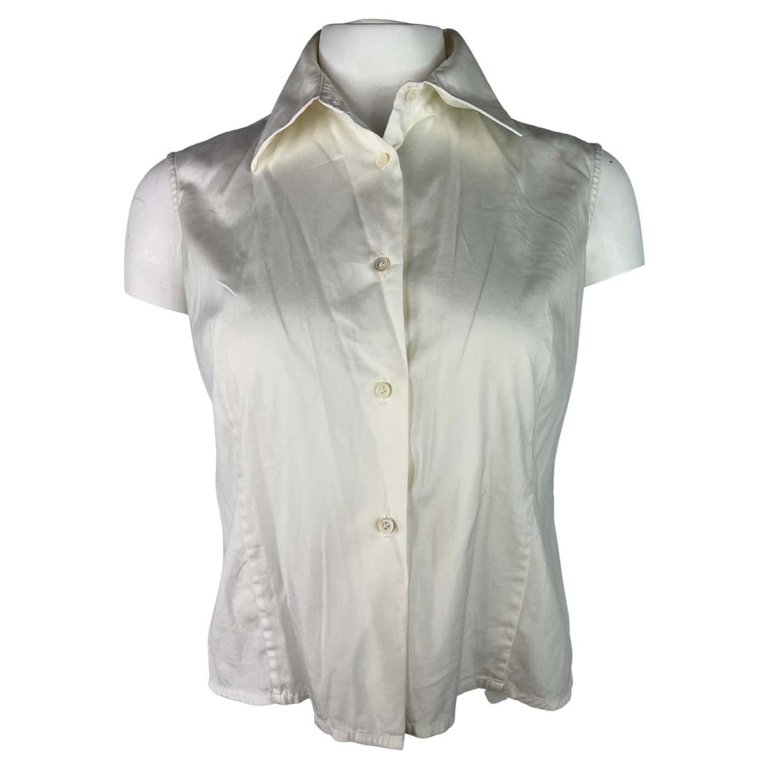 Piazza Sempione White Shirt Blouse, Size Small: Product details: The top features collar, front button-down closure and sleeveless style. Reserve: $200.00 Shipping:Domestic: Flat-rate of $85.99 to anywhere within the contiguous
