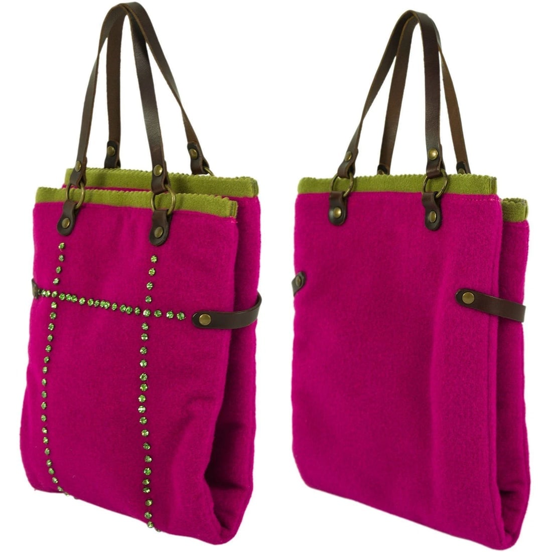 Liana Camba Felt Fabric Fuchsia & Green w. Crystals Brown Hand Bag Handbag - 3