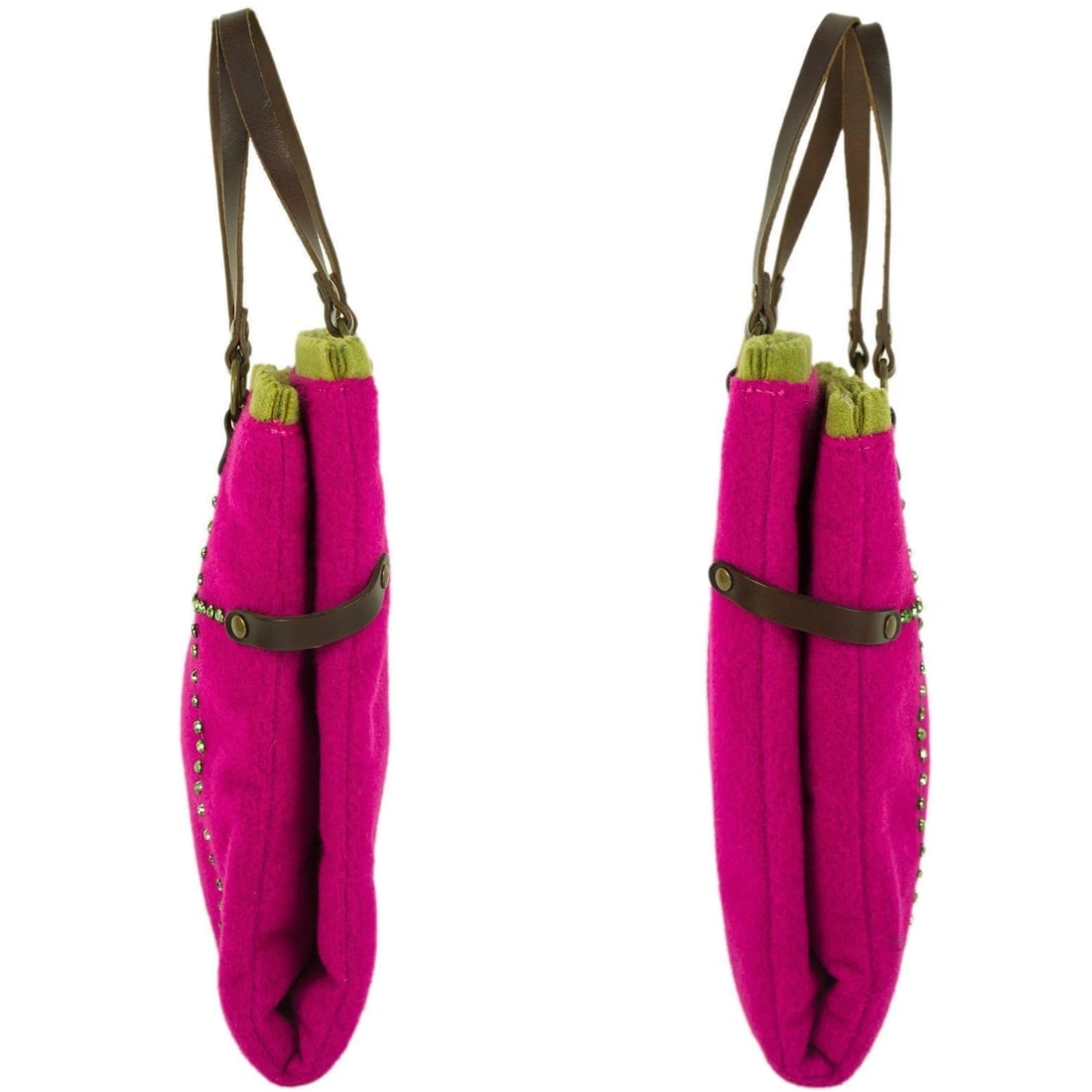 Liana Camba Felt Fabric Fuchsia & Green w. Crystals Brown Hand Bag Handbag - 4