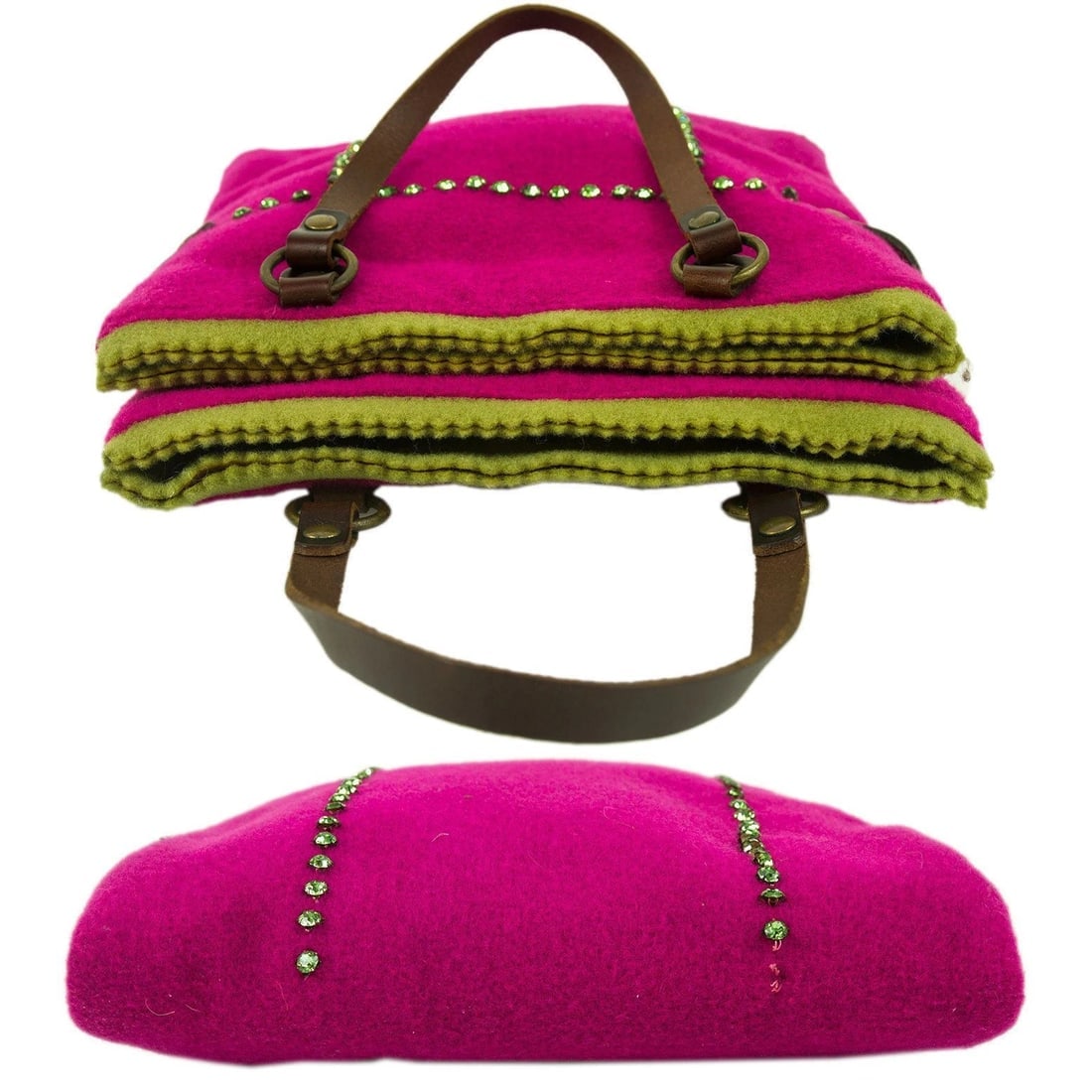 Liana Camba Felt Fabric Fuchsia & Green w. Crystals Brown Hand Bag Handbag - 5