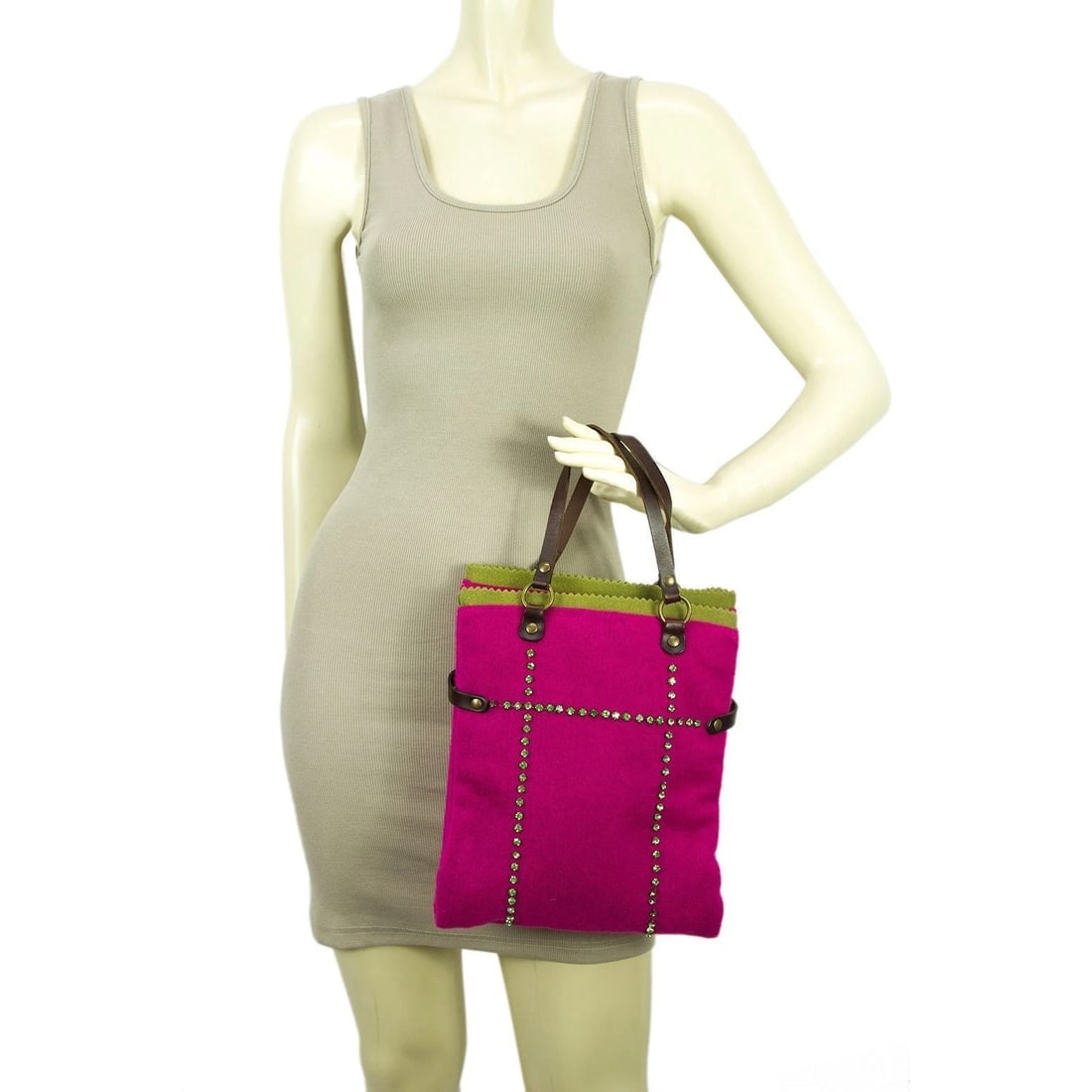 Liana Camba Felt Fabric Fuchsia & Green w. Crystals Brown Hand Bag Handbag - 9