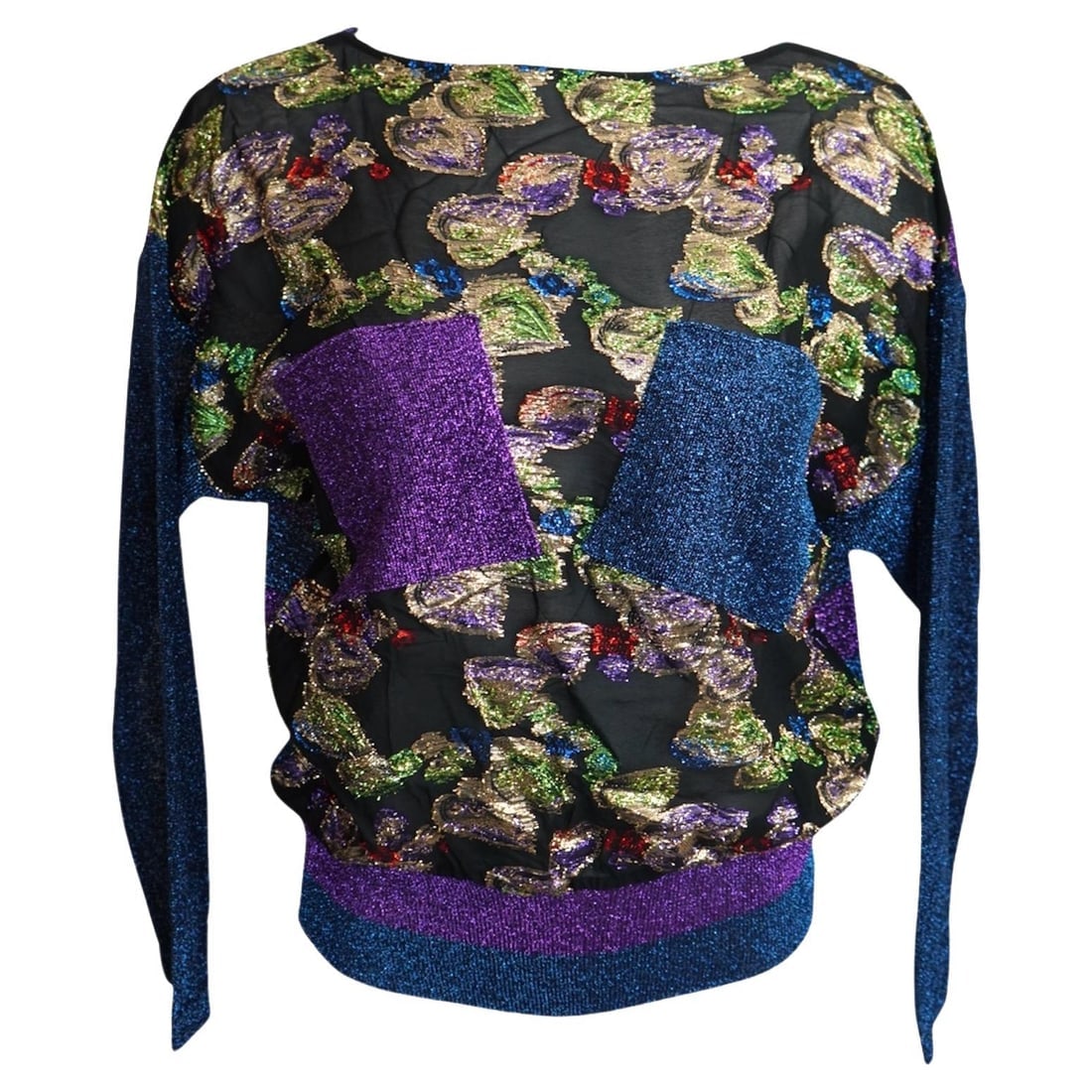 Sambucari Italian Metallic Woven Sheer Blouse: L: 24.5” B: 44” Size Medium Base of shirt: 35” Contents tag was cut out Reserve: $220.00 Shipping:Domestic: Flat-rate of $85.99 to anywhere within the contiguous