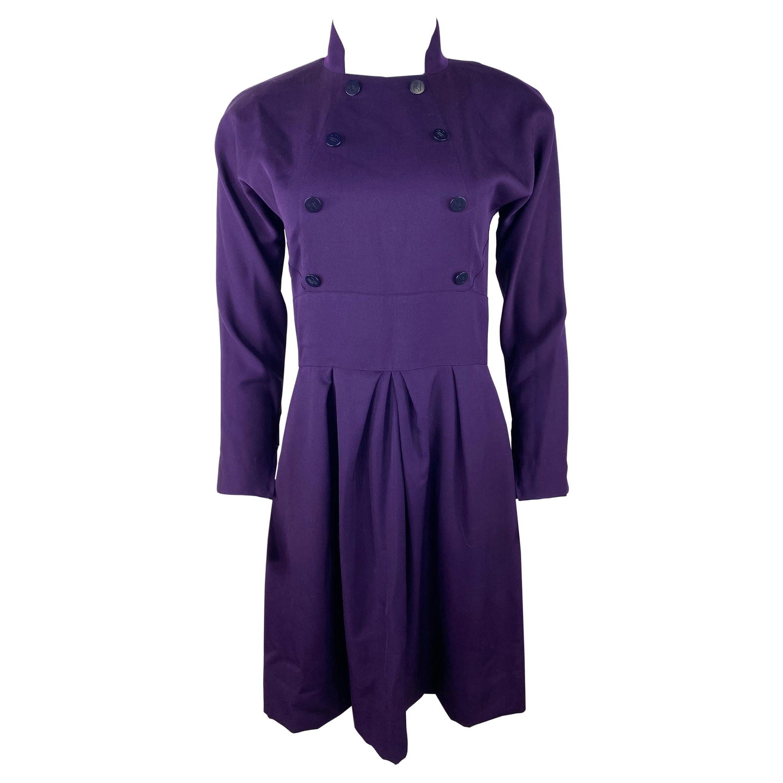 Karl Lagerfeld Purple Mini Dress, Size 40: Product details: The dress is designed by Karl Lagerfeld, it features collar, front button design, long sleeves and mini length, zipper on the sleeves and rear zip and button closure. Reserve: $392.00