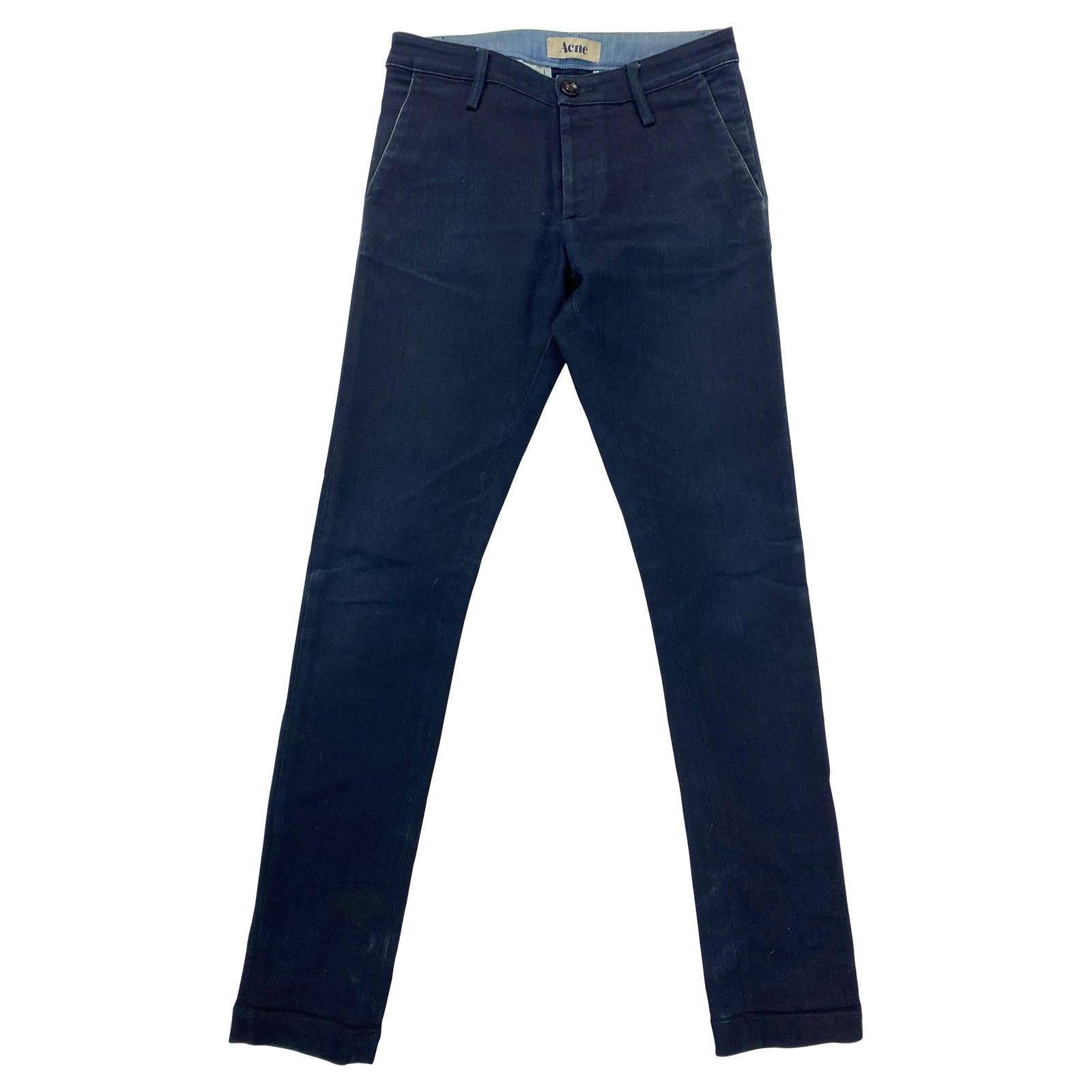 Acne Joy Sharp Blue Denim Jeans Pants, Size 25/32: Product details: The jeans feature dark blue wash, skinny leg fit and mid waisted, side pockets and dual pockets on the back with button closure (one button is missing). Reserve: $152.00 