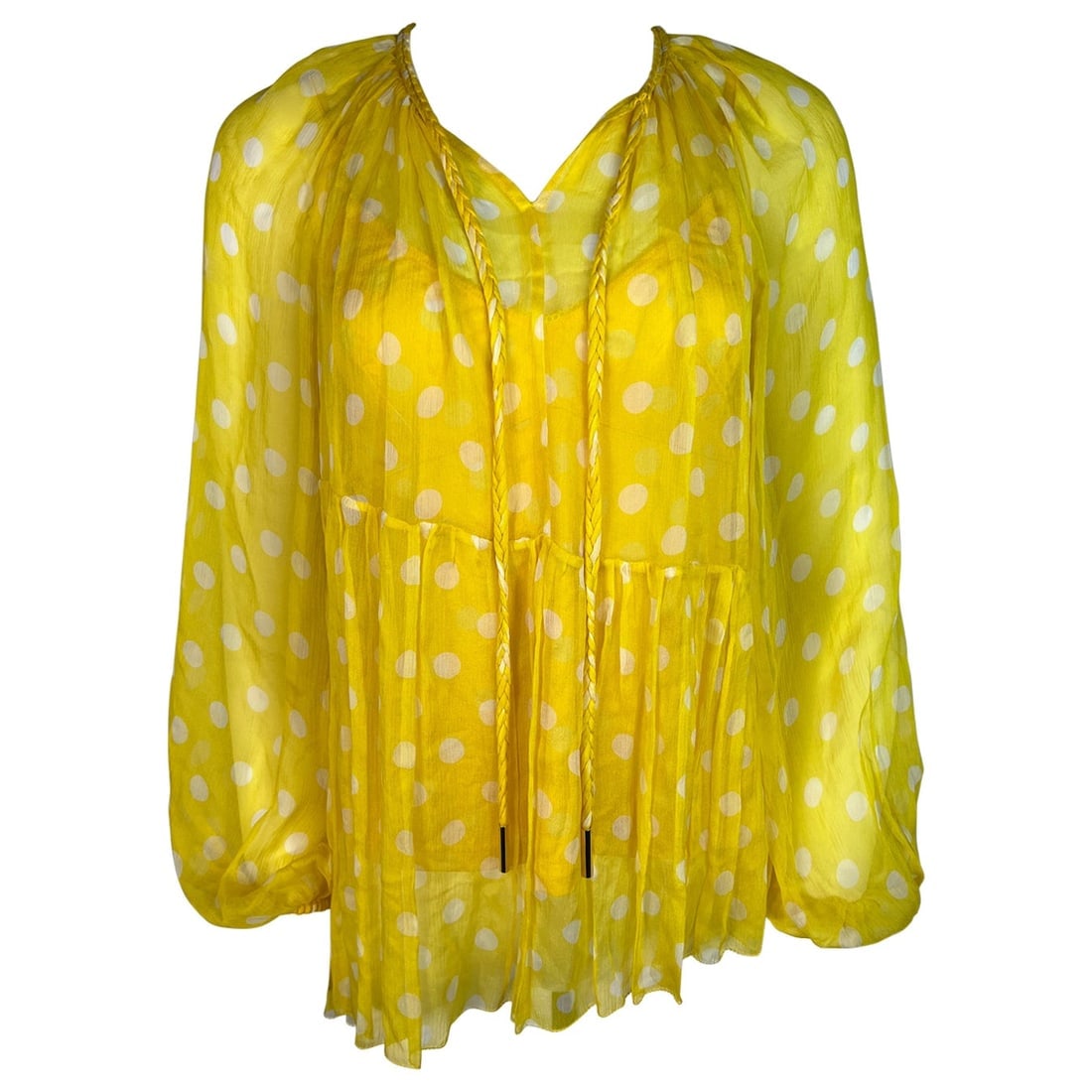 Zimmermann Yellow & White Silk Polka Dot Blouse Top, Size 2: The set includes see through long sleeves blouse and a matching cami style top underneath. Measurement: Blouselength: 27”, bust: 41”, waist: 42” Cami toplength: 22.75”, bust: