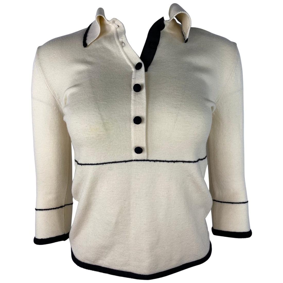 Christian Dior White and Black Sweater Top, Size Large: Product details: Off white, cream and black wool blended top designed by Christian Dior in France. The top features collar, four front button closure, 3/4 sleeves length (16 inches long). The size is