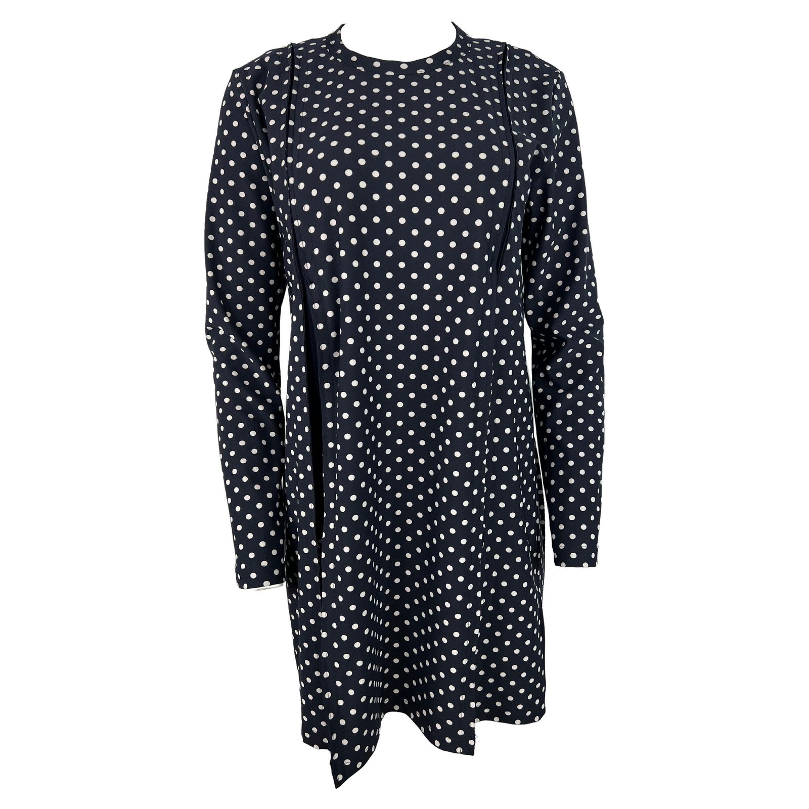 Comme des Garçons Blue and White Mini Dress, Size L: Product details: The dress features blue and white polka dot pattern, long sleeves, crew neck line and flare skirt detail design. Reserve: $312.00 Shipping: Domestic: Flat-rate of $85.99 to