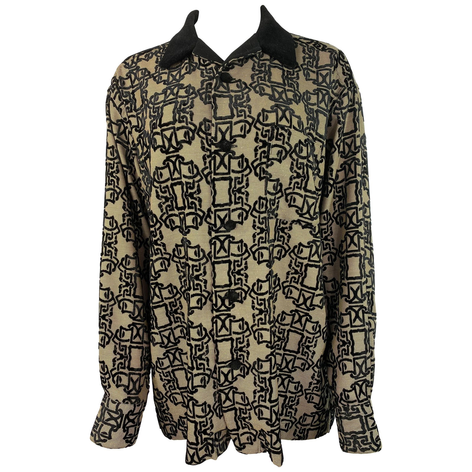 Mitsuhiro Matsuda Nicole Black and Brown Plaid Long Sleeves Shirt Size M: Product details: Featuring black and brown plaid with black velvet abstract pattern design, front black velvet button closure, side pocket and collar detail. Made in Japan. Reserve: $392.00 