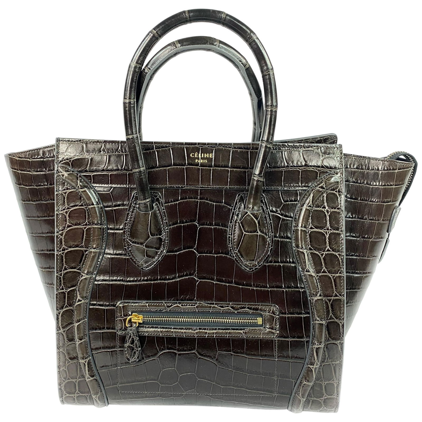 CELINE Brown Crocodile Medium Phantom Luggage Tote Bag: CELINE Brown Crocodile Medium Phantom Luggage Tote Bag Product details: Brown Crocodile leather Handle drop measure 8” Made in Italy Est. Retail $38,000 Reserve: $18,400.00 