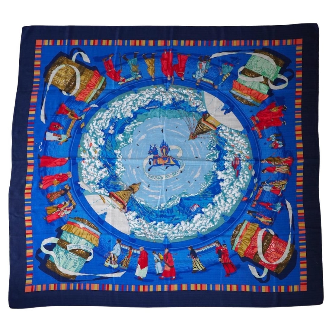 Vintage Hermès Prières Au Vent Cashmere Blue Silk Shawl: Hermès Prières Au Vent Cashmere Silk Shawl MADE IN FRANCE 65% CASHMERE 35% SILK DRY CLEAN ONLY Crica 1996 A beautiful Electric blue and red designed vintage silk Hermes scarf. Comes with