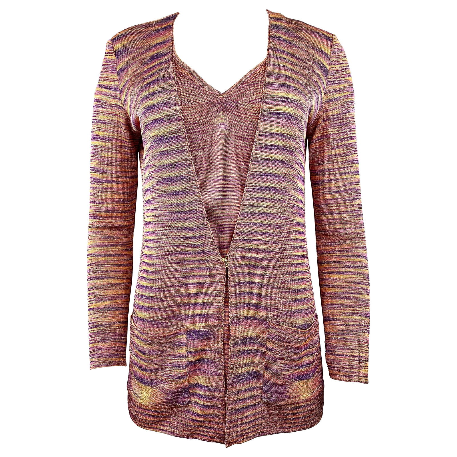 Missoni Multicolor Knit Sleeveless Top and Cardigan Set Size 40: Product details: Featuring purple, pink, orange striped pattern with gold metallic detail. Sleeveless tank top: length is 27.5", bust is 33.5, waist is 33". Long sleeves cardigan featuring dial front