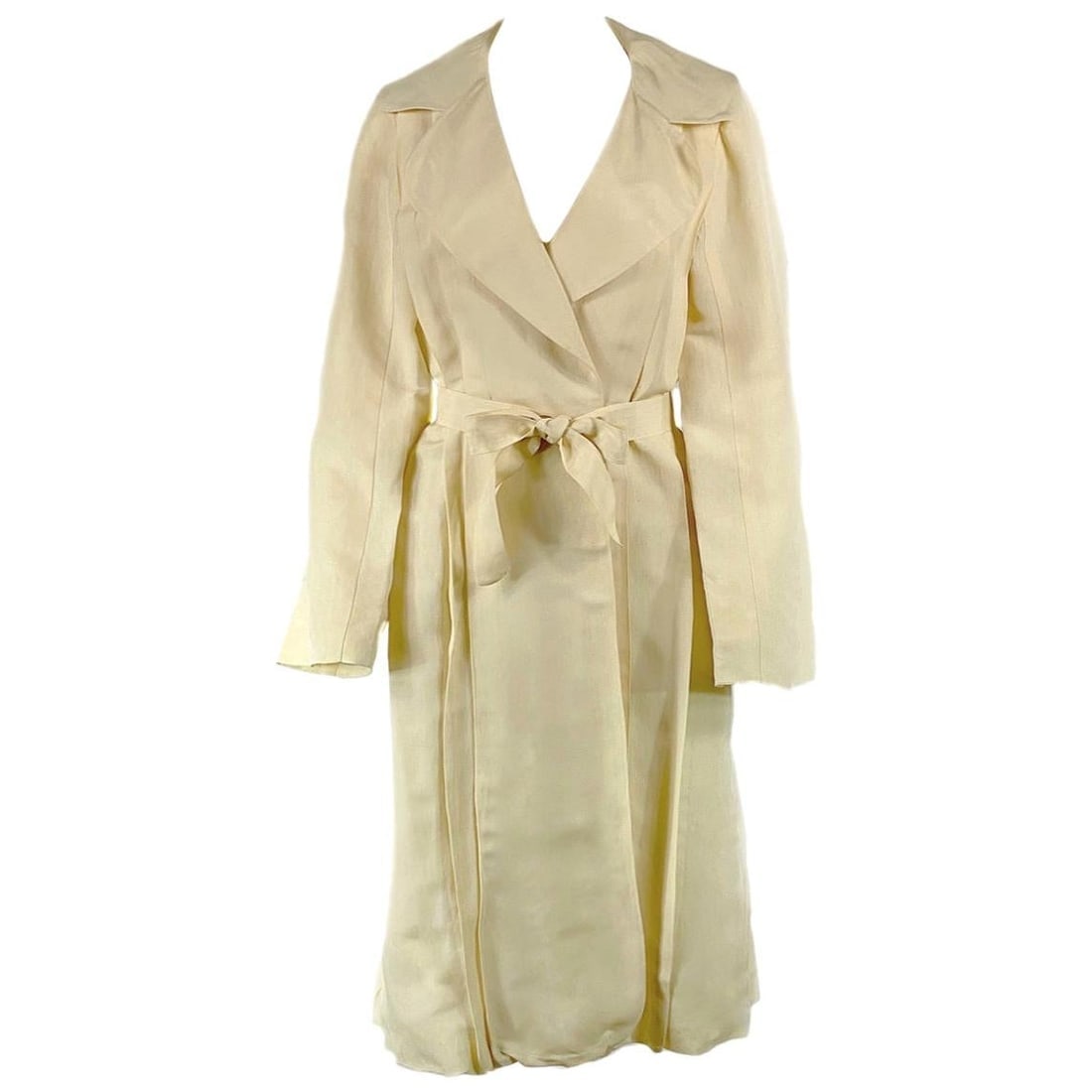 2006 LANVIN Cream/ Ivory Linen Coat Size 40: 2006 LANVIN Cream/ Ivory Linen Coat Size 40 Product details: Size 40 63% Paper, 37% Silk One pocket on each side Belt measures 63 inches long and 1.5 inches wide Sleeves measure 25 inches long from