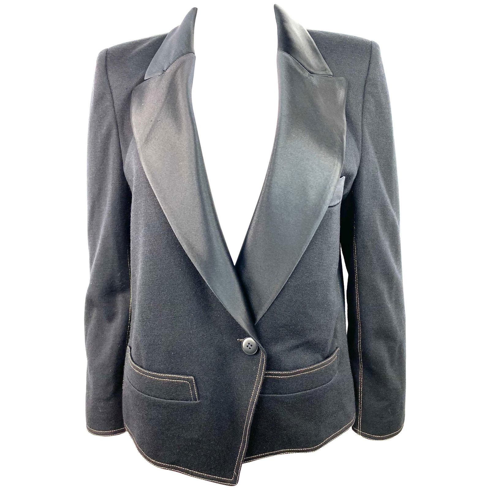 Sonia Rykiel Black Wool Blazer Jacket Size 38: Product details: Featuring black wool blazer with silk collar, dual front pockets and gold stitching detail. Made in France. Reserve: $520.00 Shipping:Domestic: Flat-rate of $85.99 to