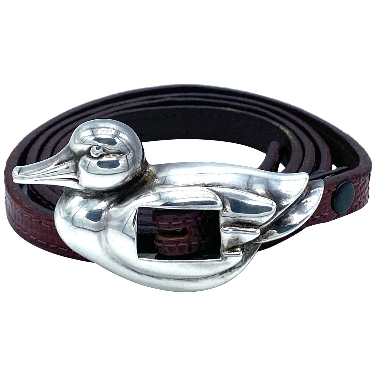 Vintage Barry Kieselstein Cord Sterling Silver Duck Buckle, Green and Red Belt: Product details: Featuring circa 1981, sterling silver duck buckle with interchangeable and adjustable animal skin green and red belt straps. All the buckle and both belts signed BARRY KIESELSTEIN