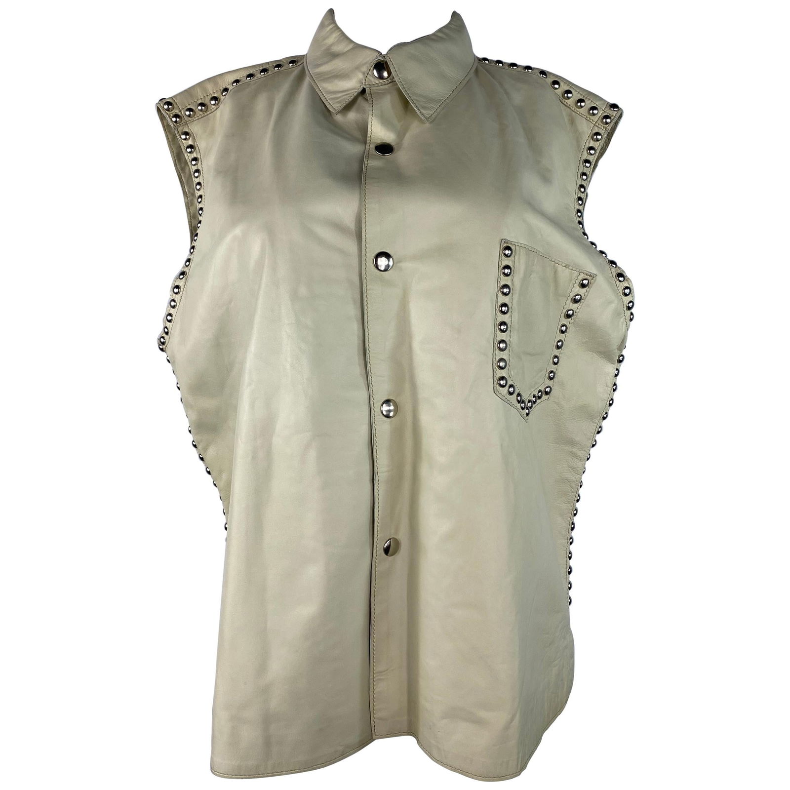 Dolce and Gabbana Cream Leather Button Down Vest, With Tags: Product details; Featuring cream/ ivory 100% leather with silver tone hardware details throughout, font button down closure, side pocket and collar. Made in Italy. Reserve: $600.00 