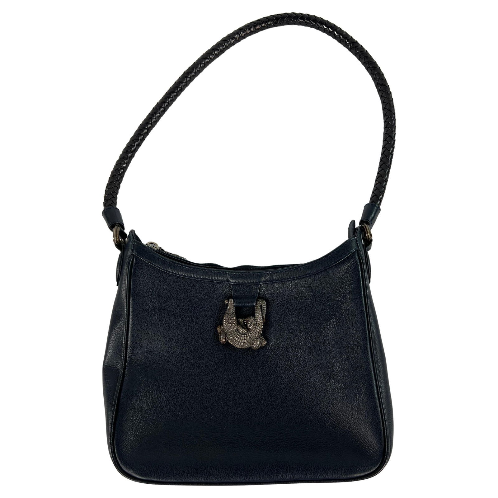 Vintage Kieselstein-Cord Navy Leather and Sterling Silver Shoulder Small Bag: Product details: The bag features 925 sterling silver animal, alligator, crocodile motif, sterling silver zip closure, green suede interior, braided finish shoulder handle that drops 12 inches. 