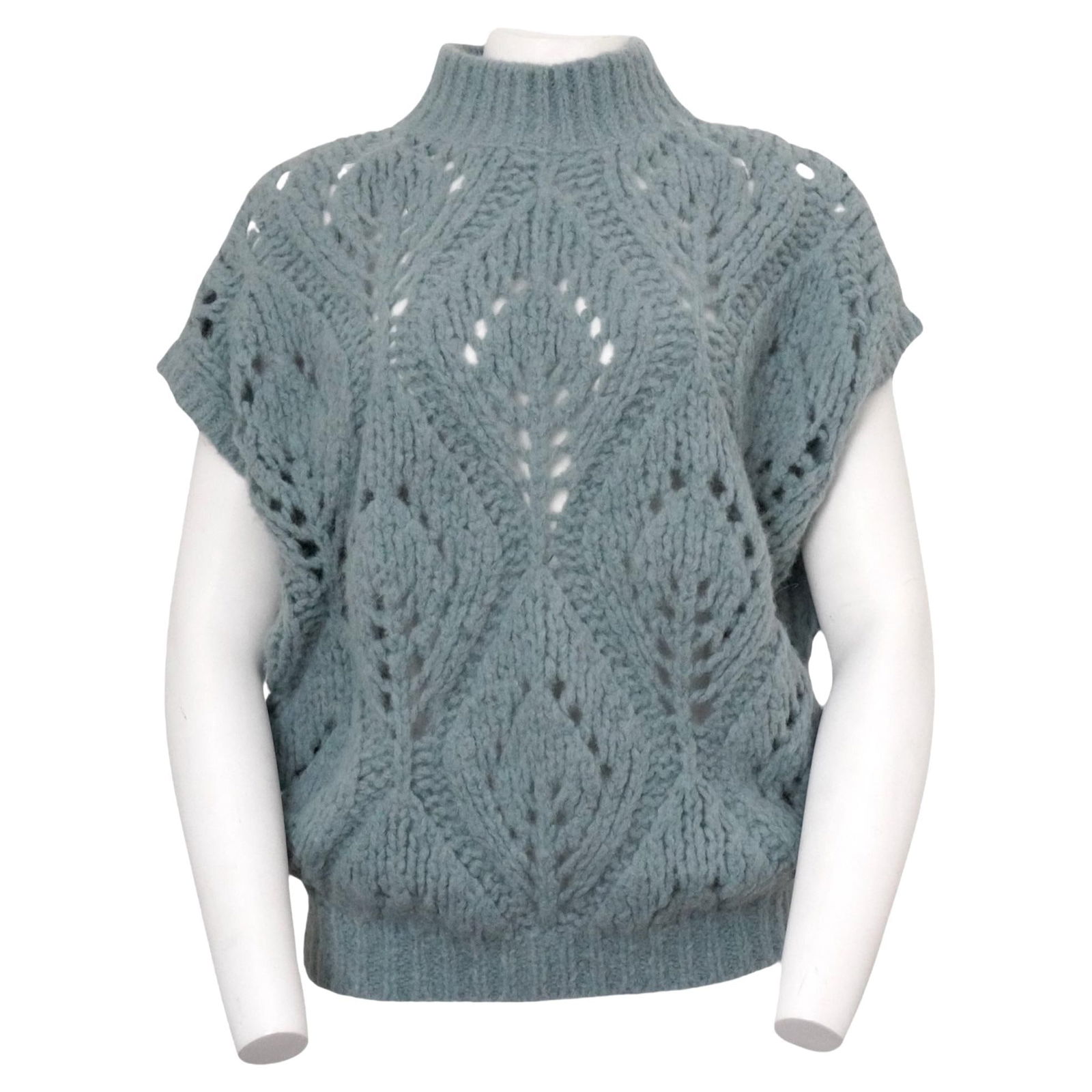 Brunello Cucinelli Blue Sleeveless Mock-neck Sweater: Pastel blue alpaca wool-blend short-sleeved jumper from BRUNELLO CUCINELLI featuring knitted openwork construction, ribbed detailing, high neck and short sleeves. Length: 27 inches Bust: 52 inches