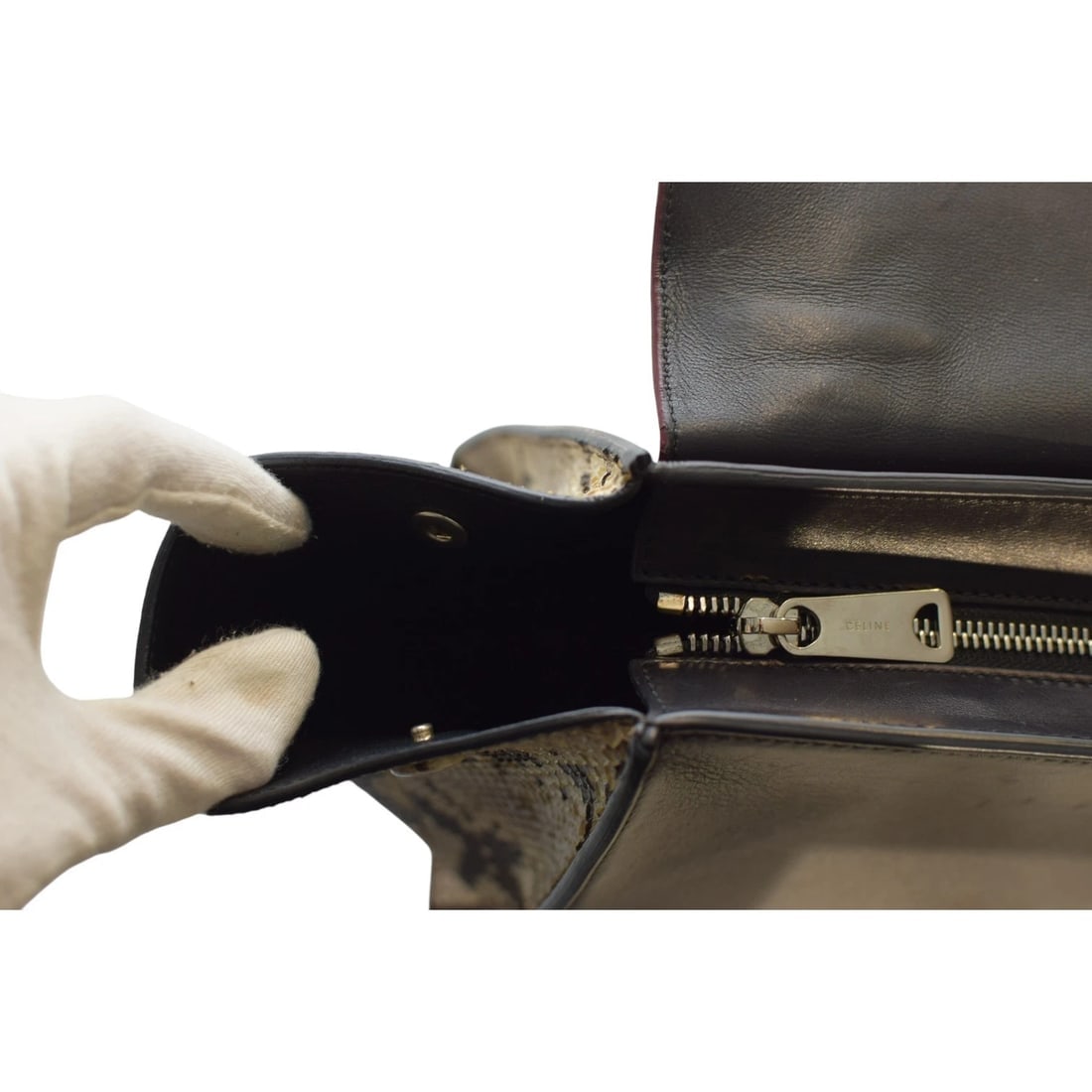 Céline Trapeze Snake & Leather Top Handle Shoulder Bag Burgundy Black Natural - 13