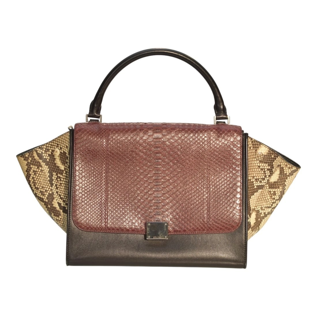 Céline Trapeze Snake & Leather Top Handle Shoulder Bag Burgundy Black Natural: Title:Céline Trapeze Snake & Leather Top Handle Shoulder Bag Burgundy Black NaturalDescription:Céline Trapeze Snake & Leather Top Handle Shoulder Bag Burgundy Black Natural Elevate your