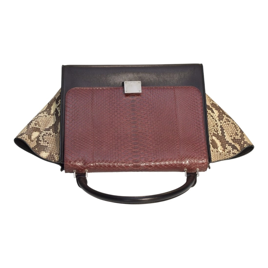 Céline Trapeze Snake & Leather Top Handle Shoulder Bag Burgundy Black Natural - 4