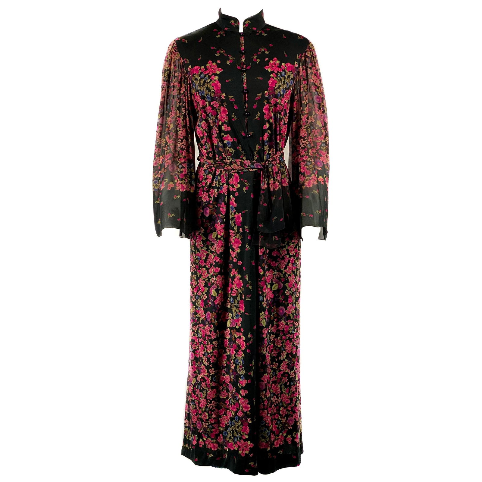 Vintage LEONARD Black and Pink Floral Maxi Dress w/ Belt: Vintage LEONARD Black and Pink Floral Maxi Dress w/ Belt Product details: Six black and purple buttons down front closure Collar measures 2 inches high Belt measures 53 inches long and 8 inched wide