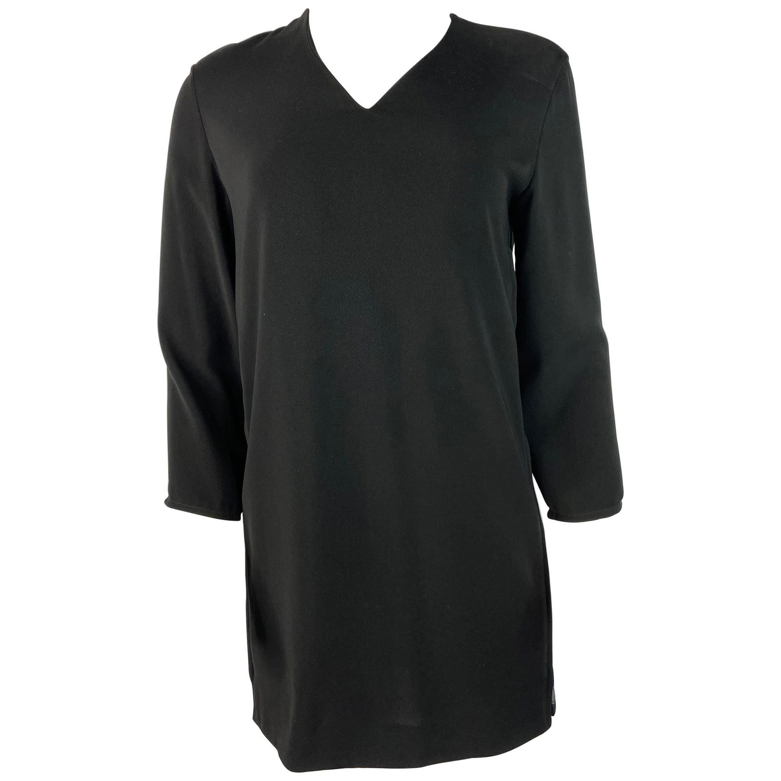 Vintage Hermes Paris Black, Size 36: Product details: Black polyester with silk lining dress designed by Hermes, featuring zipper detail on both sides, 3/4 sleeve length and crew neck line. Made in France. Reserve: $1,160.00 