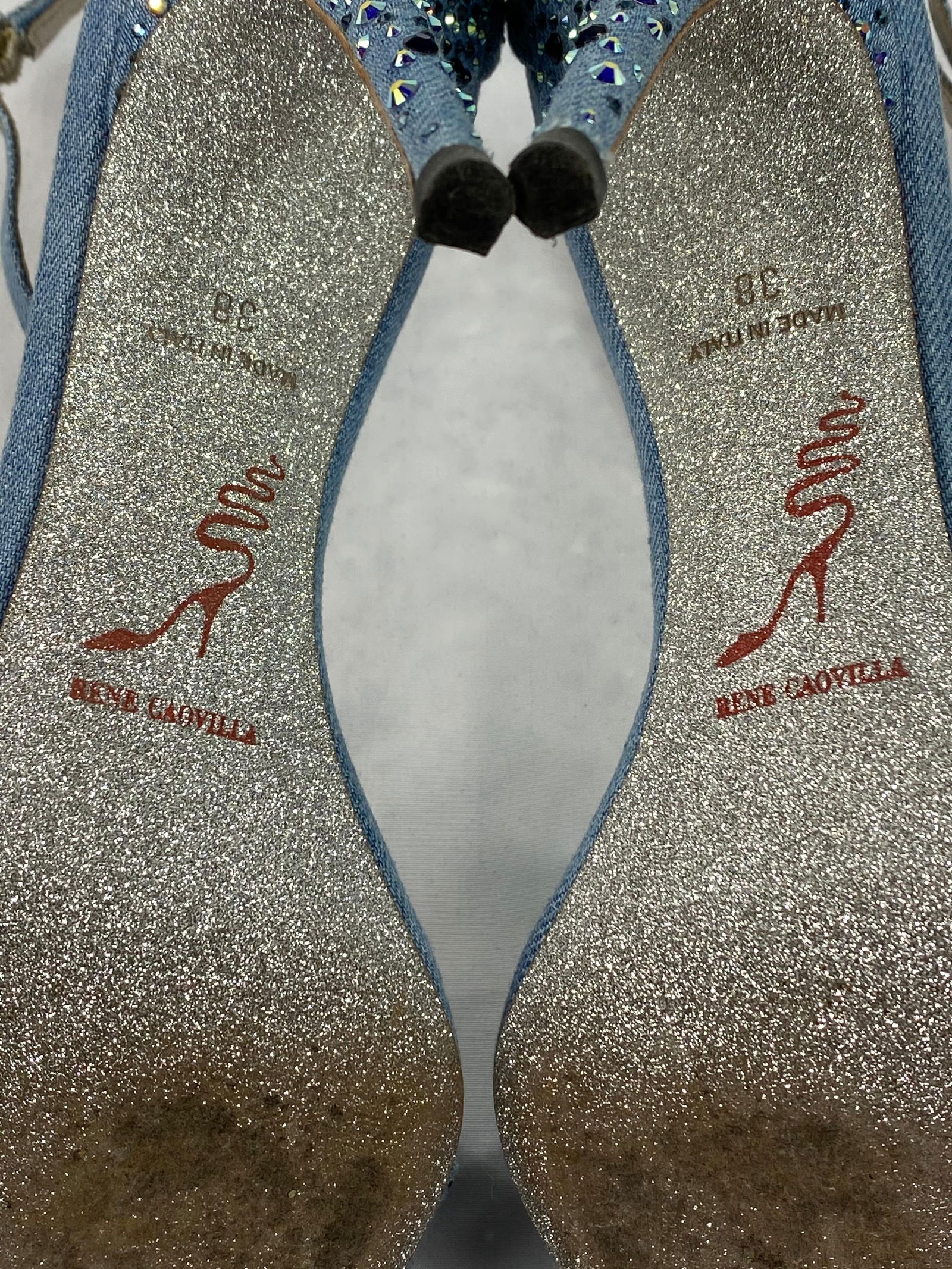 Rene Caovilla Embellished Denim Strappy Sandals Heels , Size 38/ 8 - 13