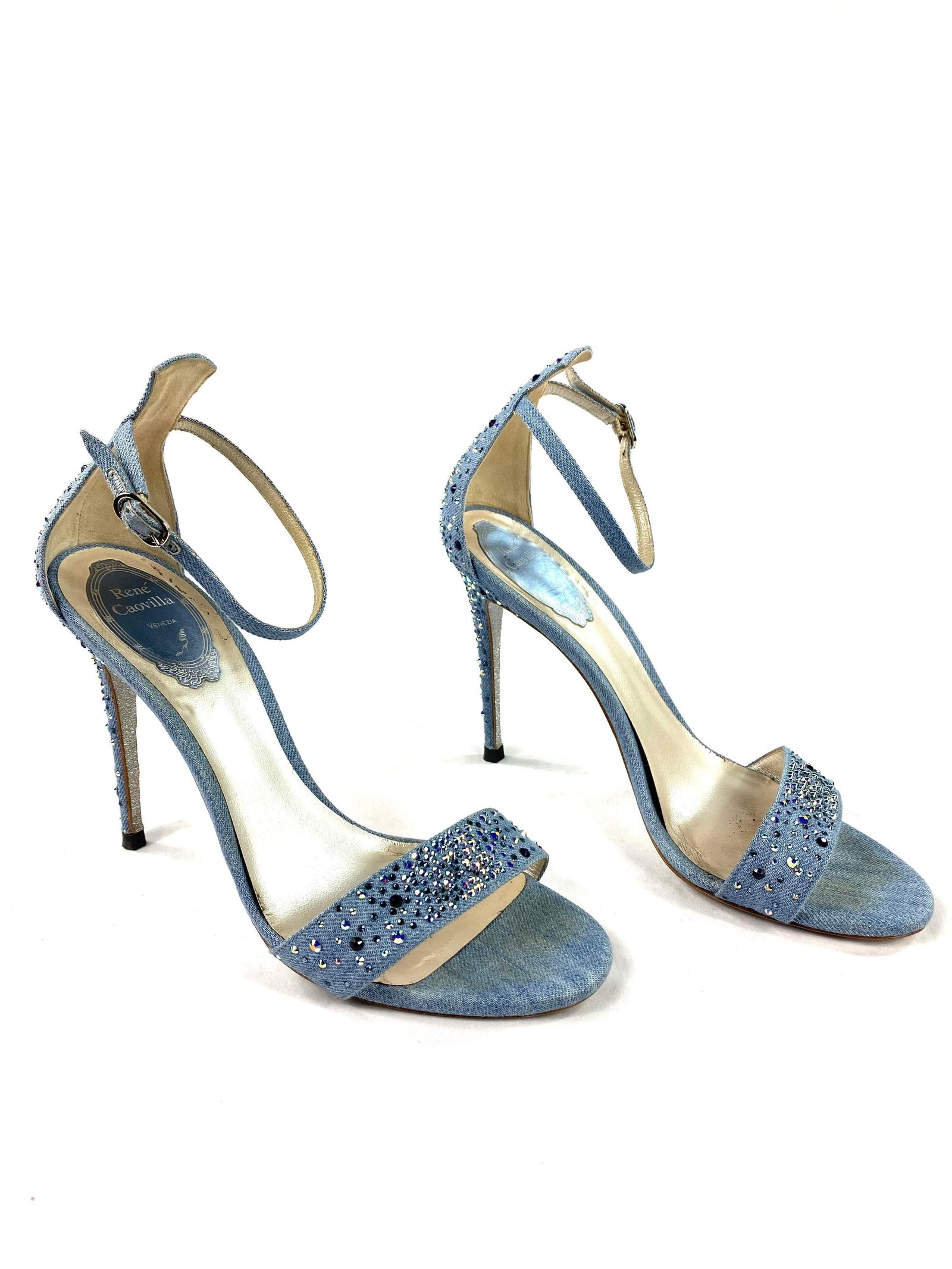 Rene Caovilla Embellished Denim Strappy Sandals Heels , Size 38/ 8 - 15