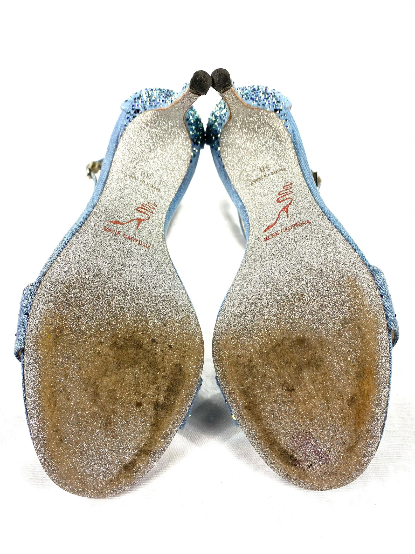 Rene Caovilla Embellished Denim Strappy Sandals Heels , Size 38/ 8 - 19