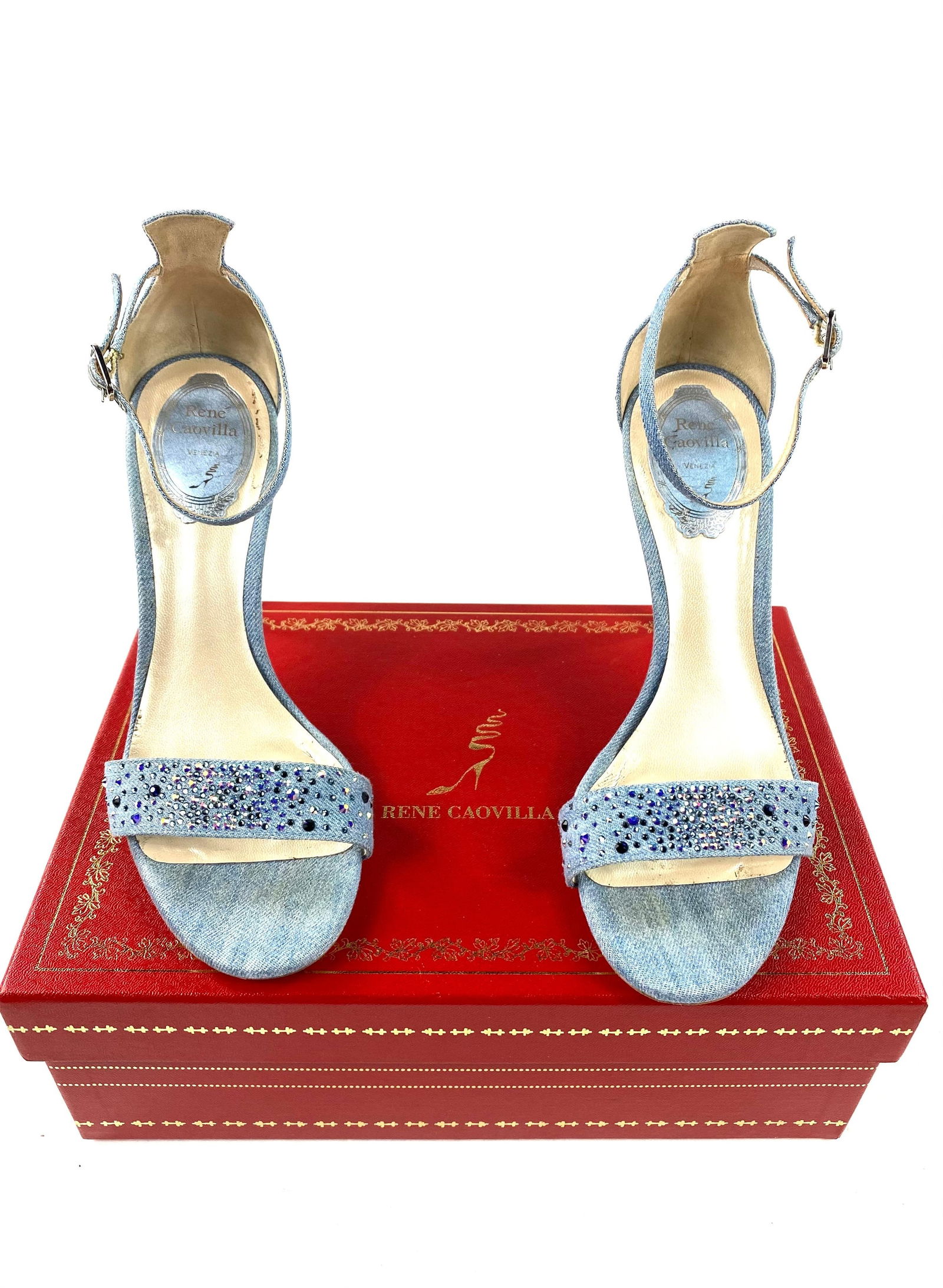 Rene Caovilla Embellished Denim Strappy Sandals Heels , Size 38/ 8 - 4