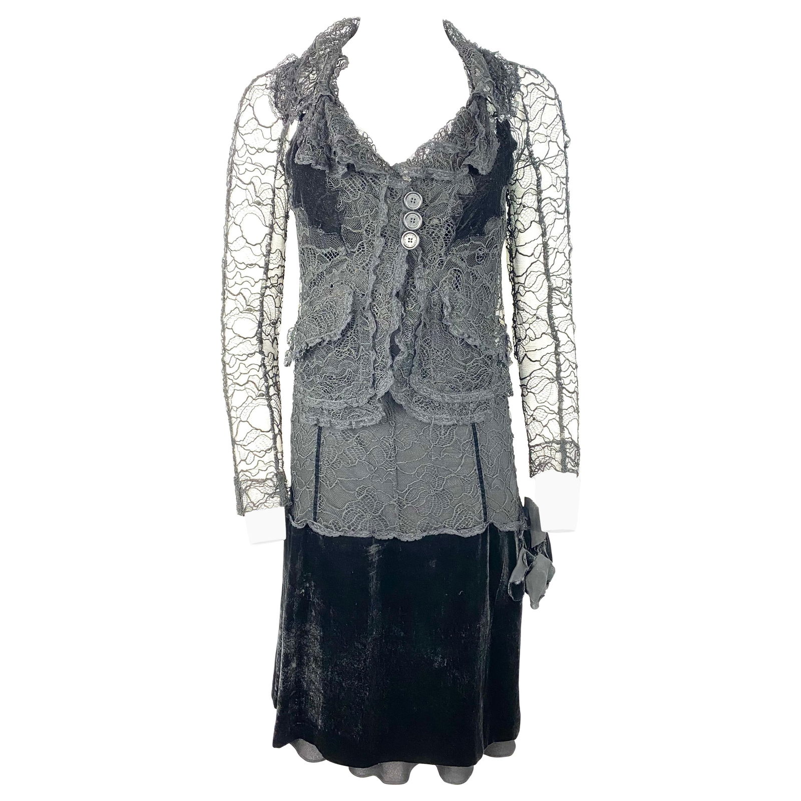 Vintage Sonia Rykiel Black Lace and Velvet Slip Dress with Jacket Set, Size 38 - 19