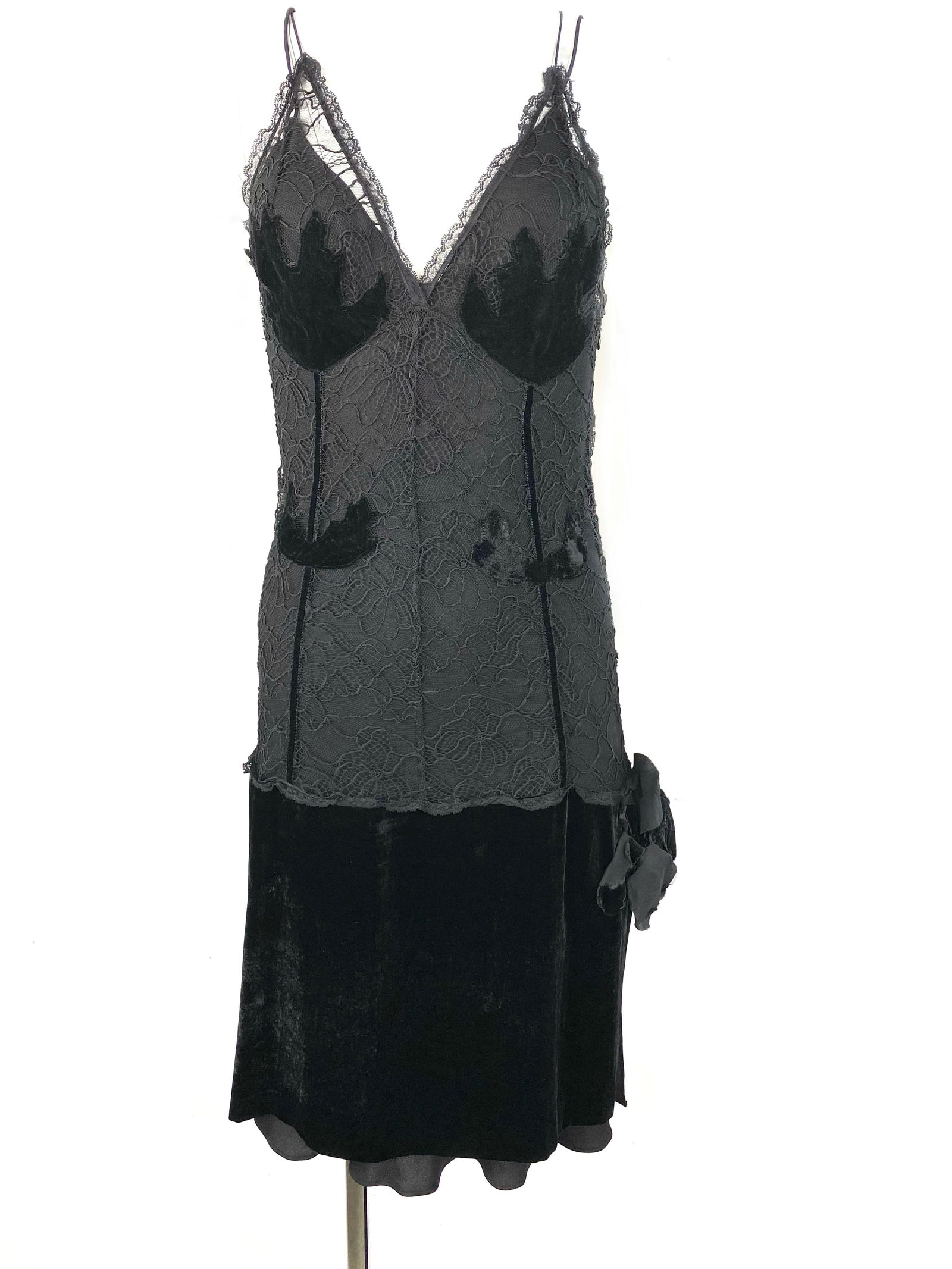 Vintage Sonia Rykiel Black Lace and Velvet Slip Dress with Jacket Set, Size 38 - 2
